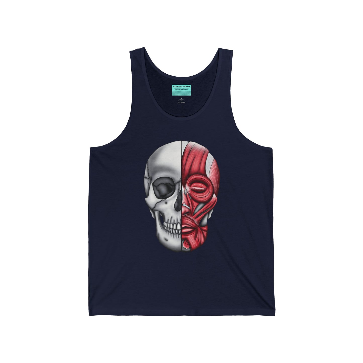 A navy unisex adult tank top with a detailed anatomical skull, half showing the bones and the other half revealing the facial muscles—because who doesn’t want to wear a little “muscle” with their style?