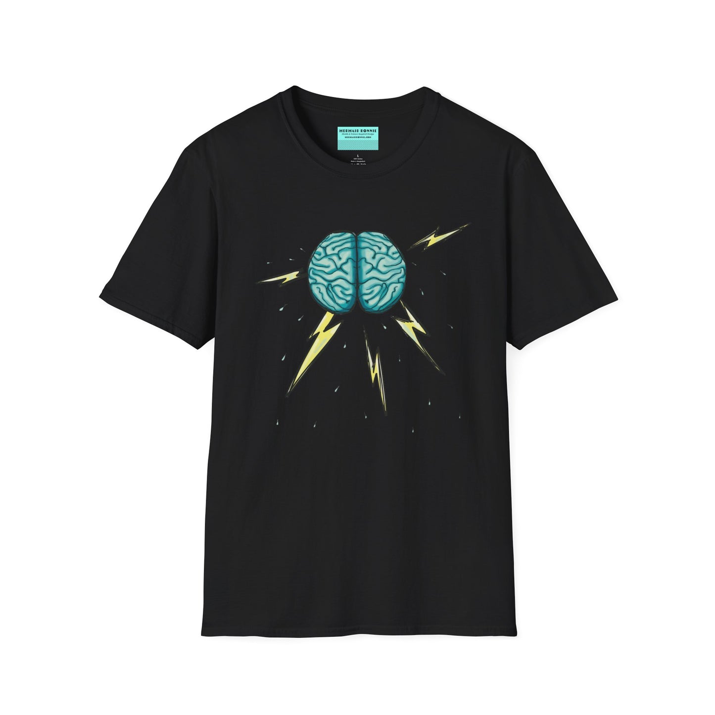 Black unisex short sleeve tee featuring an illustration of a brain with lightning bolts and rain pouring from it, giving a literal twist to the term "brainstorm"—because sometimes, even the best ideas need a little weathering!