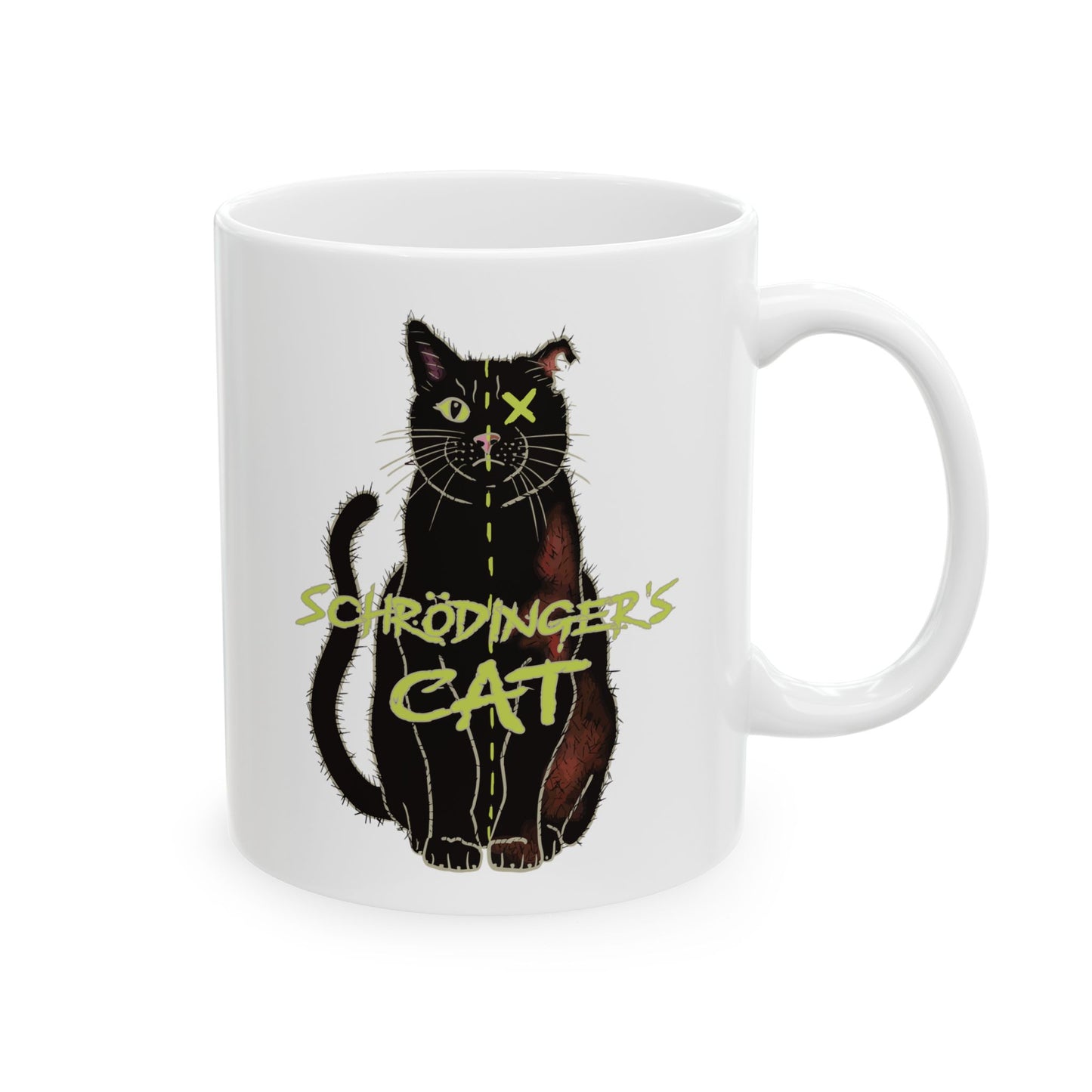 Right view of small white coffee mug featuring a drawing of a black cat that is alive on one half and dead on the other, with the text 'Schrödinger's Cat' printed across the image.