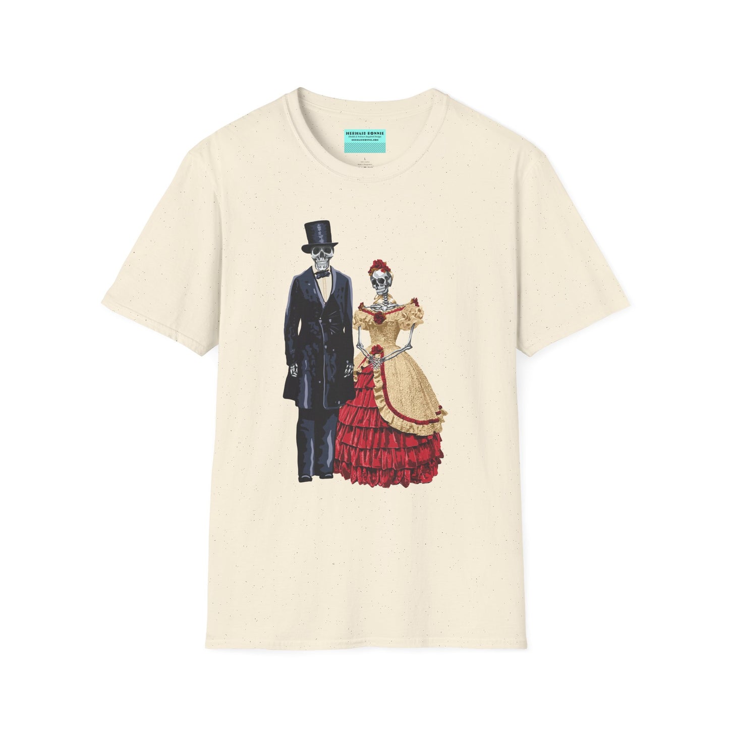 Beige t-shirt featuring skeletons dressed as Abraham and Mary Todd Lincoln, with the skeletons wearing period-specific clothing.