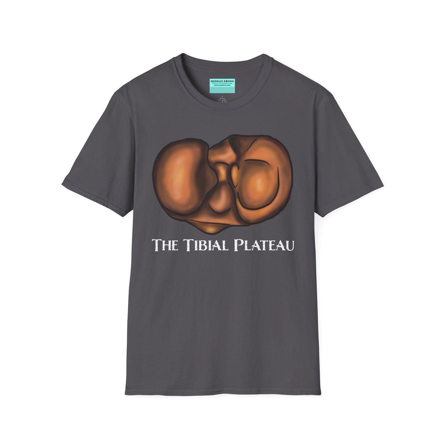 Charcoal grey unisex short sleeve tee featuring a clever anatomical illustration of the tibial plateau, reimagined as a landscape with rolling hills—because who knew the tibia could be so scenic?