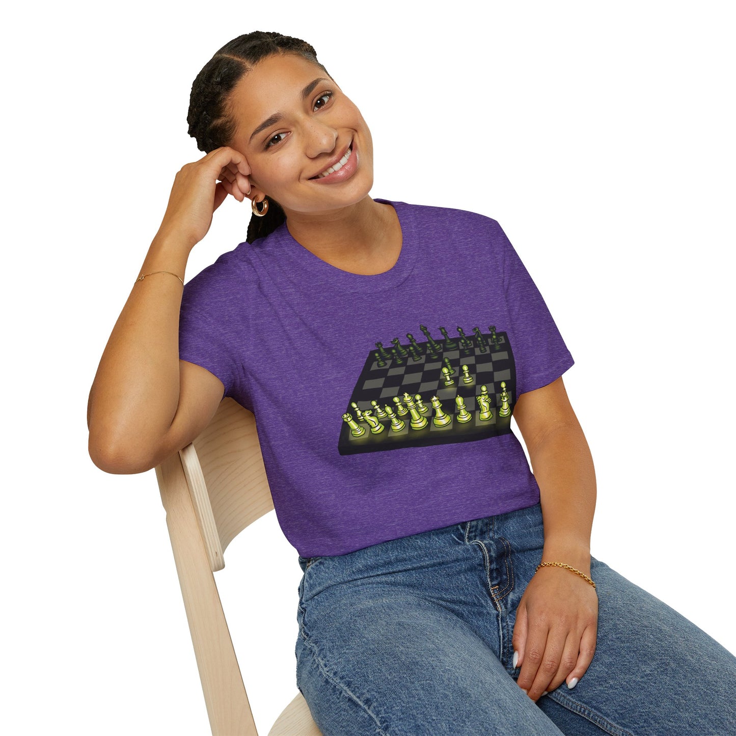 Woman wearing a purple unisex short-sleeve t-shirt featuring an electrifying chess board with glowing pieces mid–Queen’s Gambit, because nothing says “checkmate” like opening with flair and a radiant strategy.