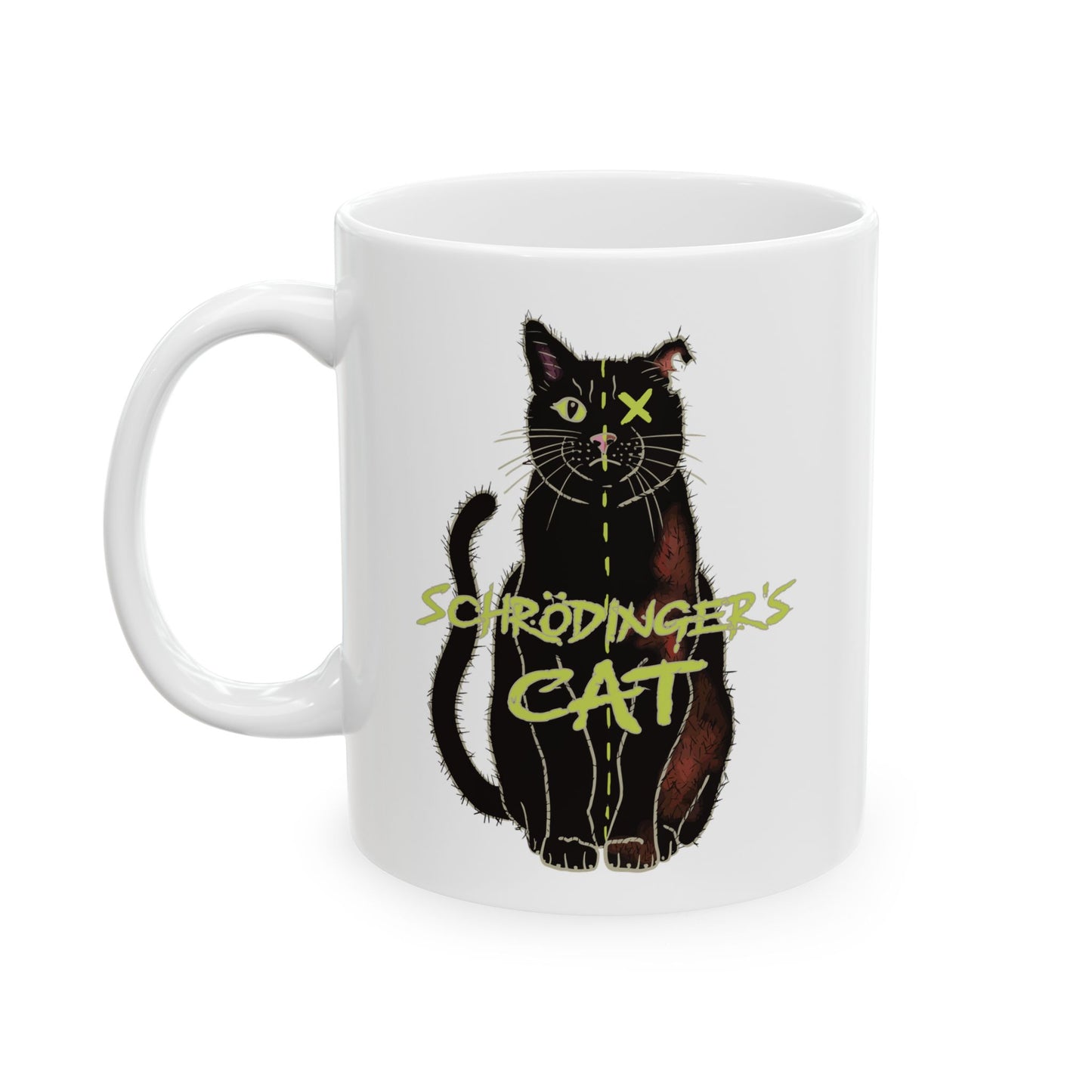 Left view of small white coffee mug featuring a drawing of a black cat that is alive on one half and dead on the other, with the text 'Schrödinger's Cat' printed across the image.