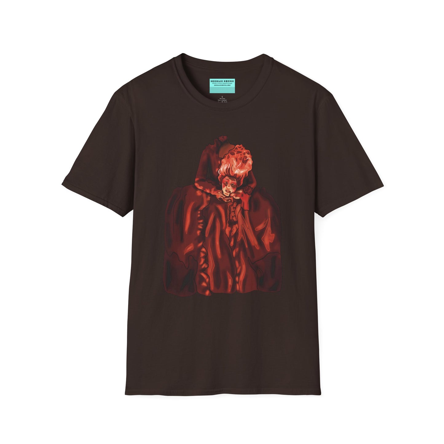 Brown t-shirt featuring an illustration of a headless Marie Antoinette holding her own head in her hands.