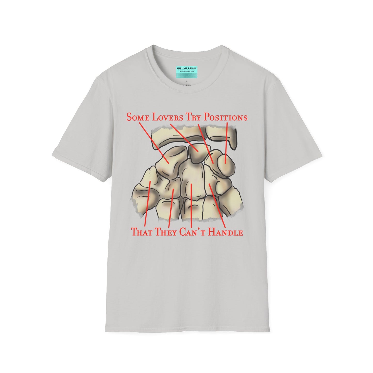 Grey t-shirt featuring an anatomical drawing of the carpal bones, with the mnemonic 'Some lovers try positions that they can't handle' displayed.
