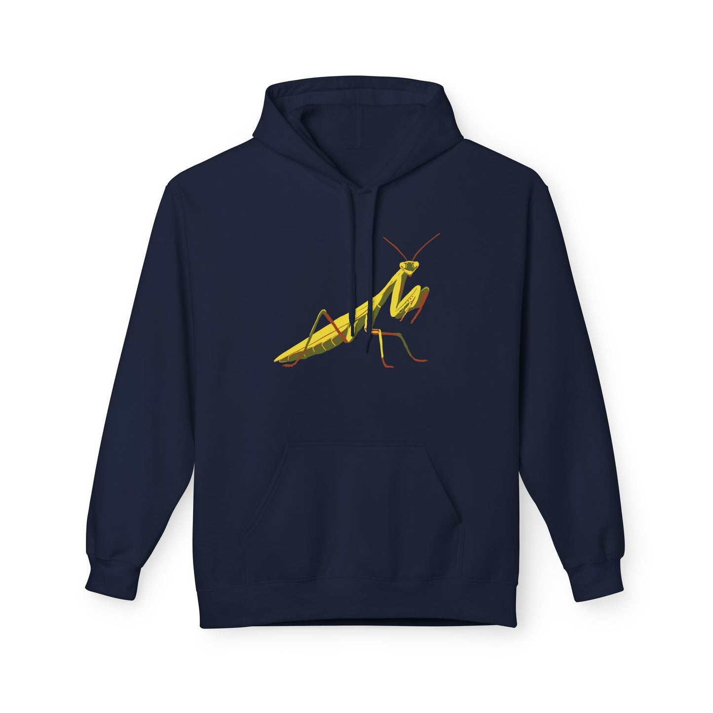 A navy unisex pullover hoodie featuring a striking illustration of a yellow and green praying mantis—because sometimes, you need to channel your inner insect warrior while staying cozy.