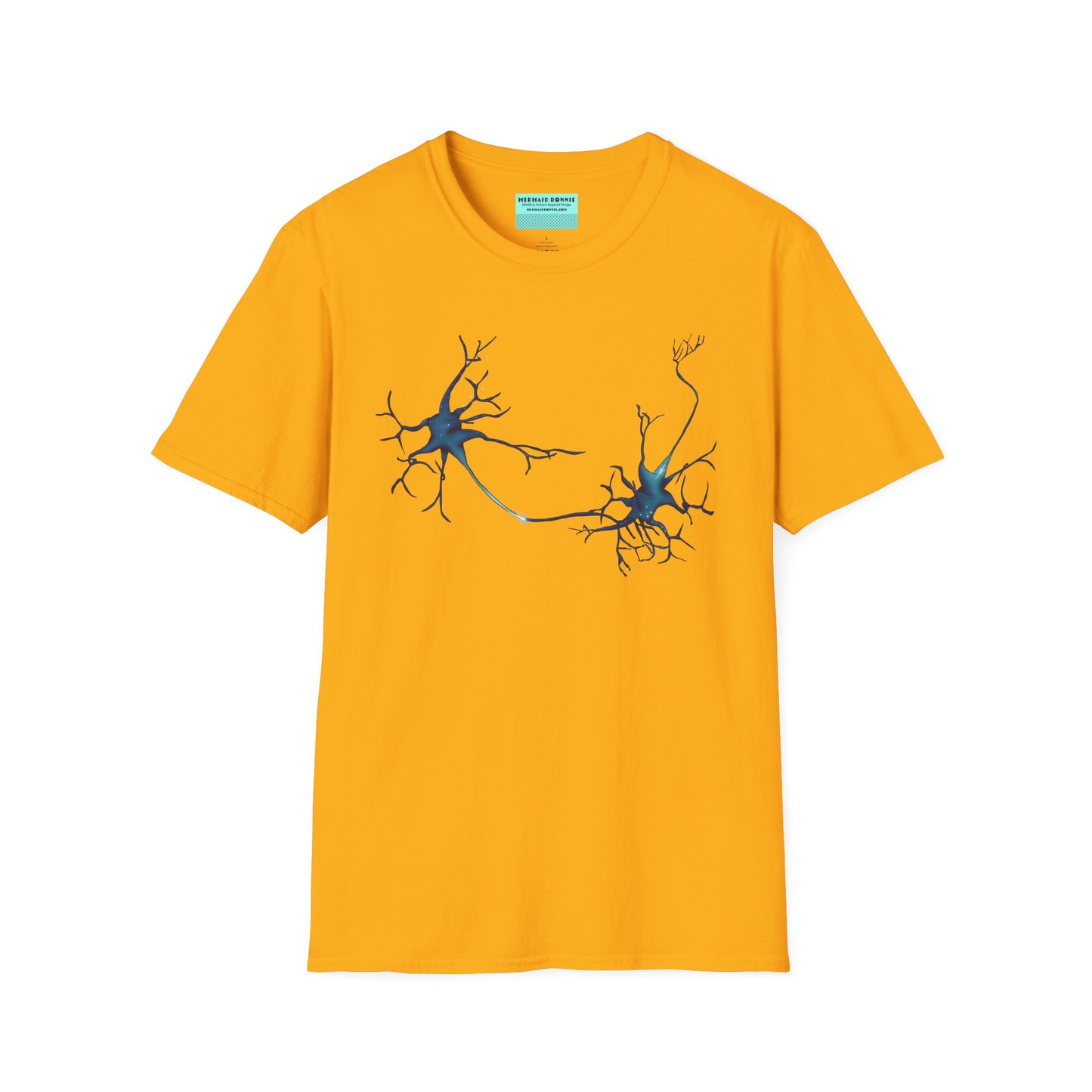 Yellow t-shirt featuring an illustration of two blue neurons extending toward each other and forming a synapse across the front.