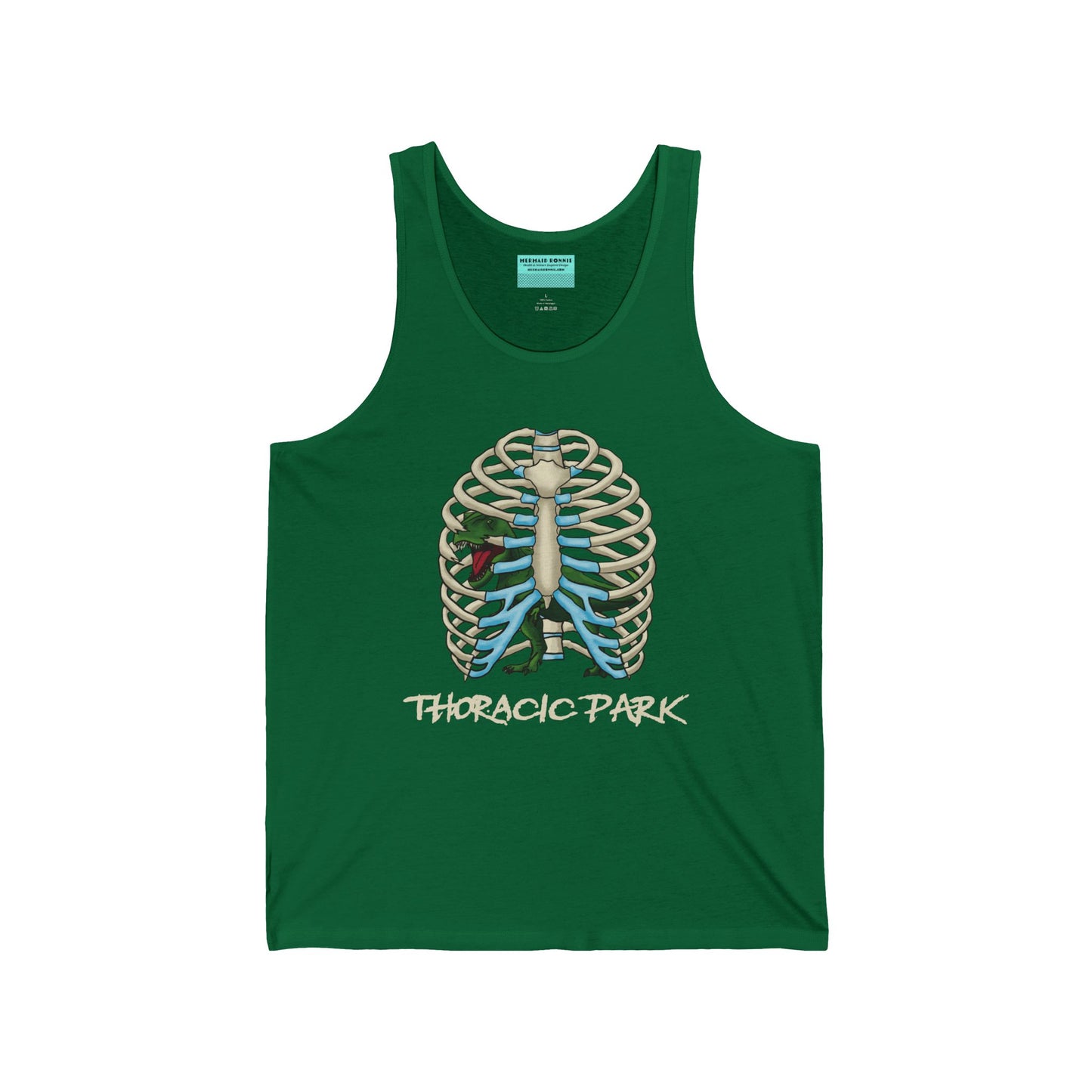 A green unisex tank top featuring a ribcage with a T-Rex inside, and the punny text "Thoracic Park"—perfect for fans of both dino-sized humor and anatomy!