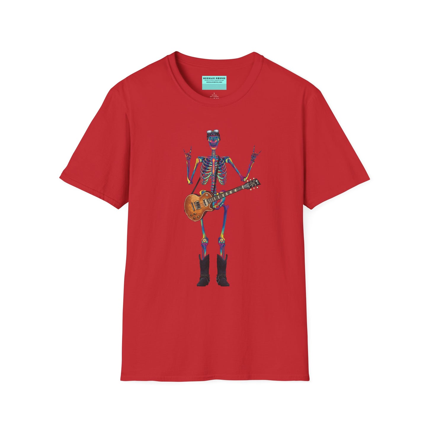 Red t-shirt featuring a tie-dye skeleton holding a guitar, dressed like a classic rocker with boots, a bandana, and rock-style clothing.