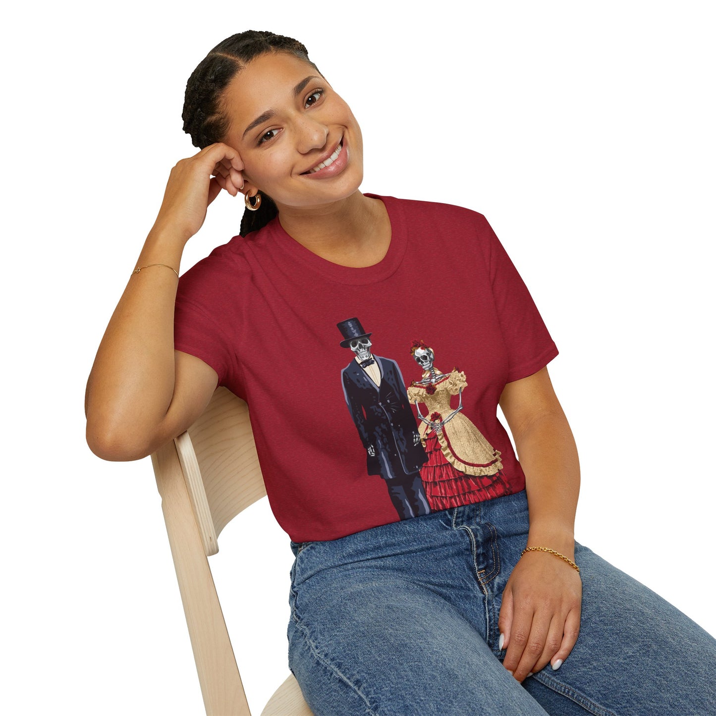 Woman wearing a red t-shirt featuring skeletons dressed as Abraham and Mary Todd Lincoln, with the skeletons in period-appropriate attire.