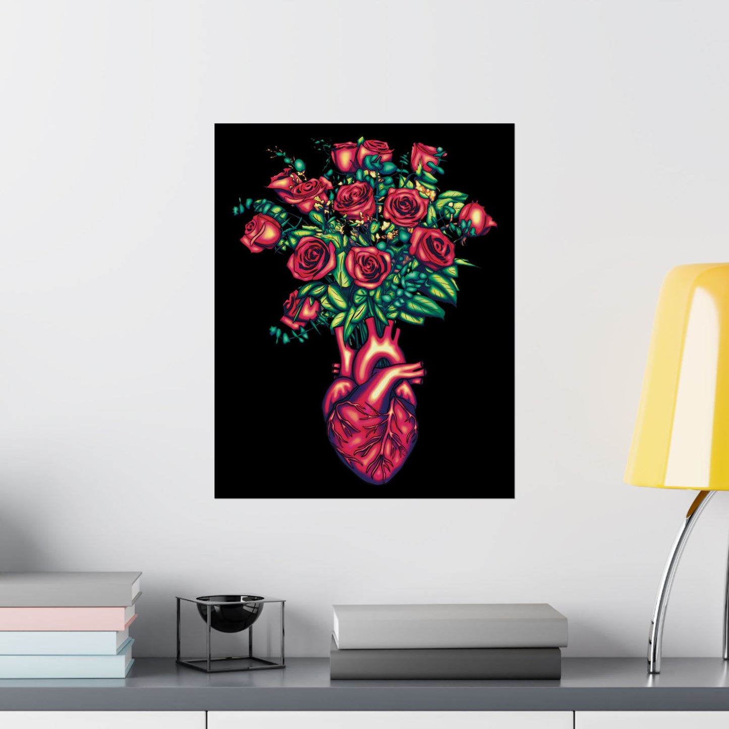 Anatomical Heart with Roses Art Print, Gothic Wall Decor Poster, Black and Red Floral Wall Poster