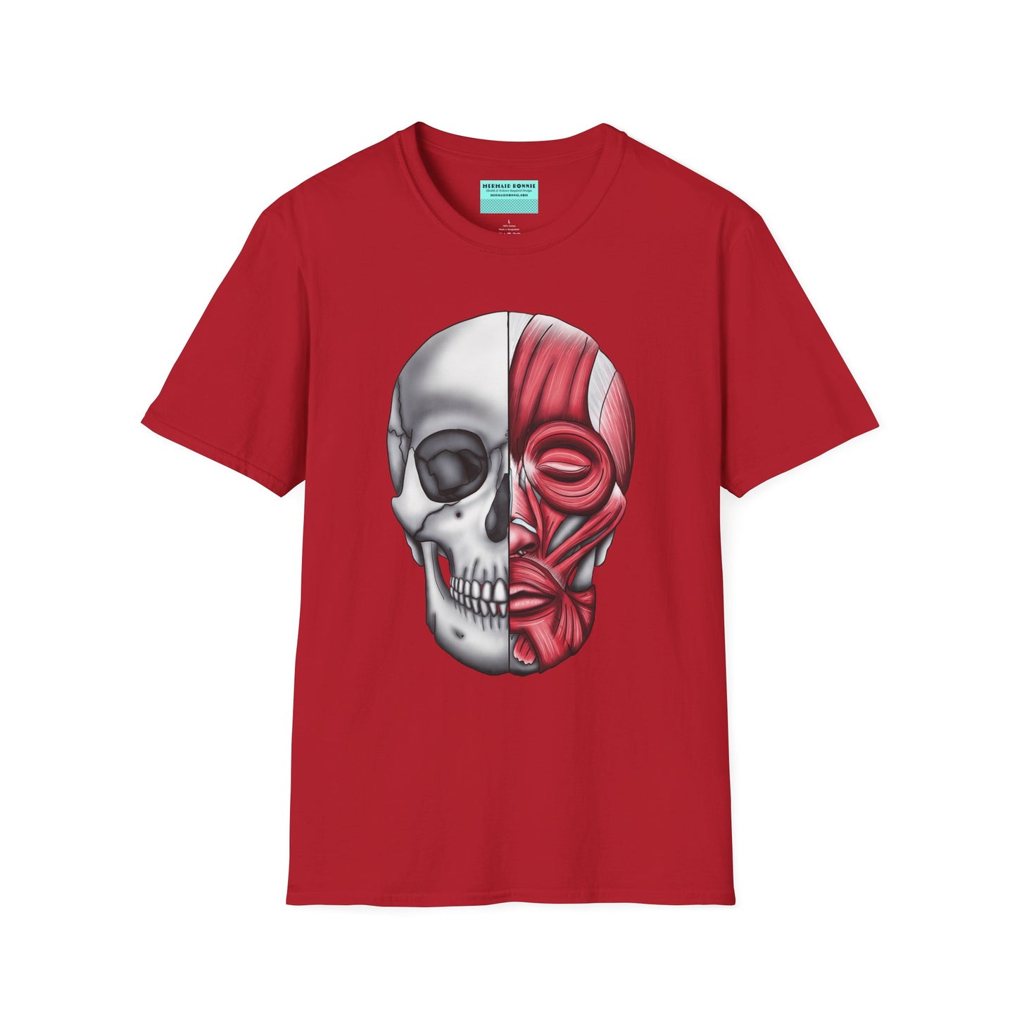 Red shirt featuring an anatomically correct skull illustration, with half of the skull covered by facial muscles.