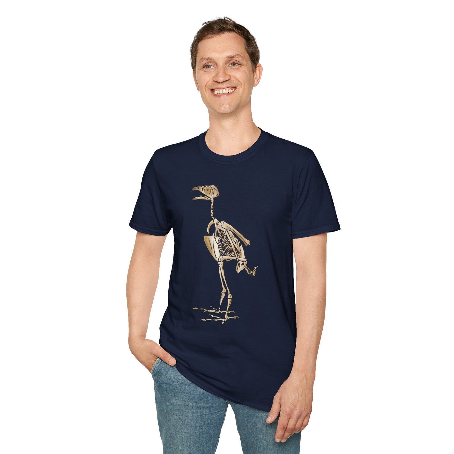 Man wearing a navy unisex short sleeve t-shirt featuring a peregrine falcon skeleton—proof that even the fastest creature on Earth looks cool in x-ray vision.