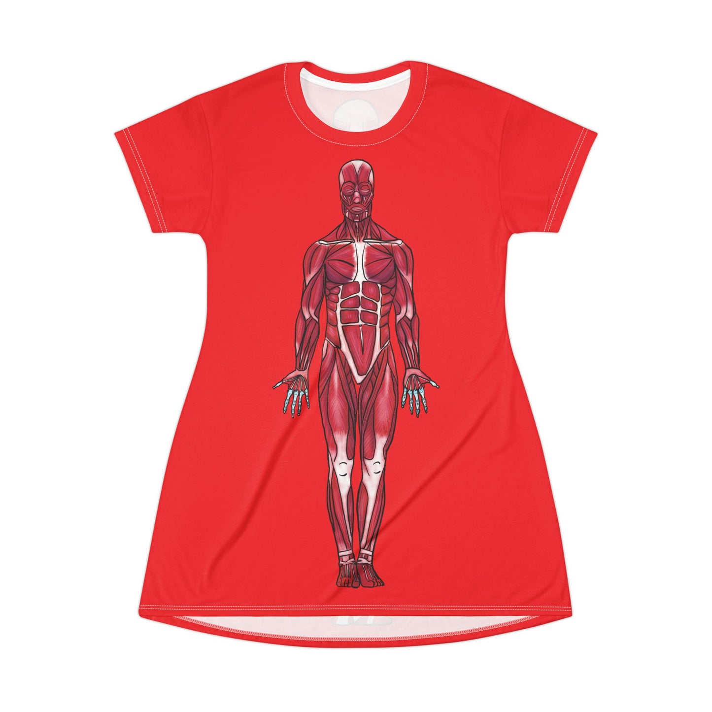 Red t-shirt dress flaunting fierce anatomy—features an anterior muscular system diagram front and center, because who needs armor when your muscles are this on point?