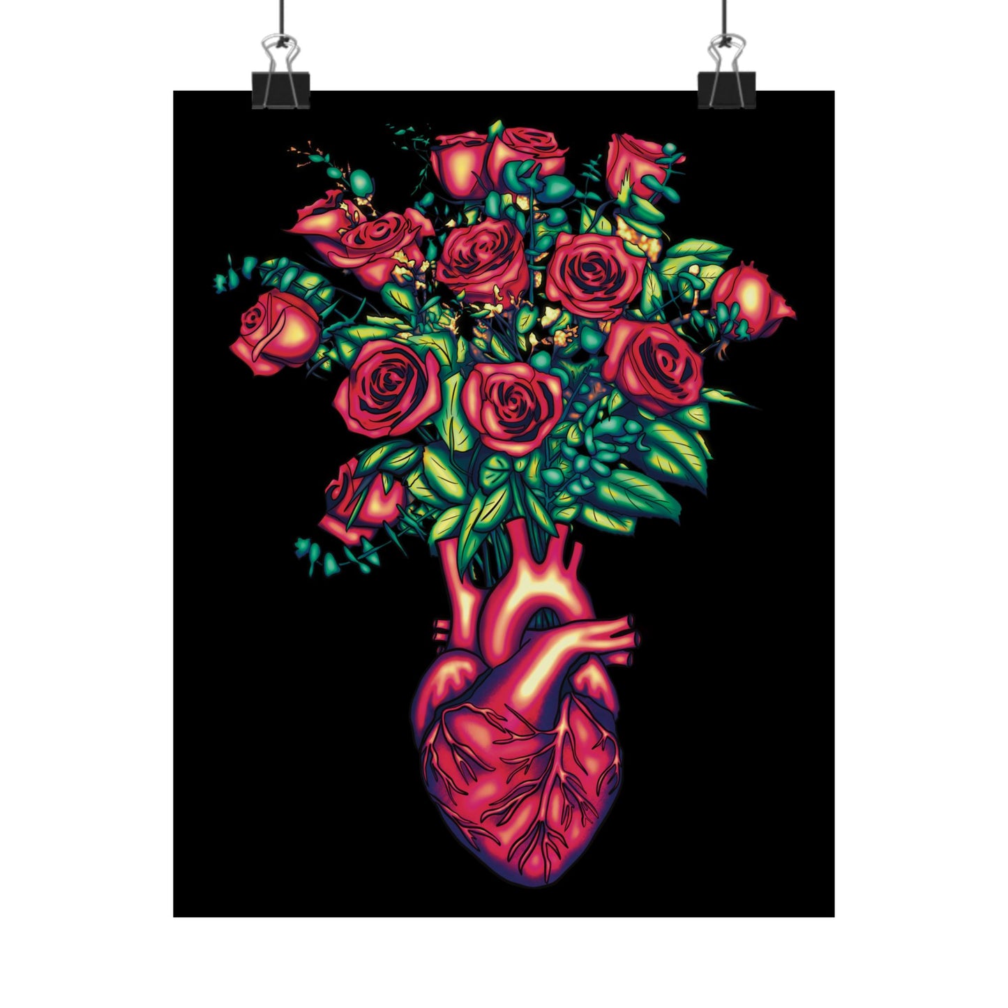 Anatomical Heart with Roses Art Print, Gothic Wall Decor Poster, Black and Red Floral Wall Poster