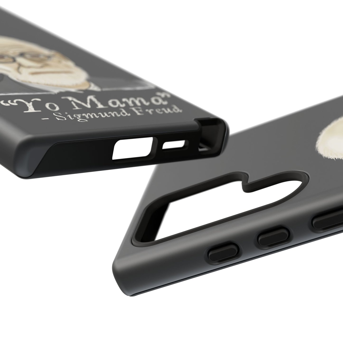 Two dark grey phone cases featuring a portrait of Sigmund Freud, paired with the cheeky quote “yo mama”—because even the father of psychoanalysis had mommy issues.