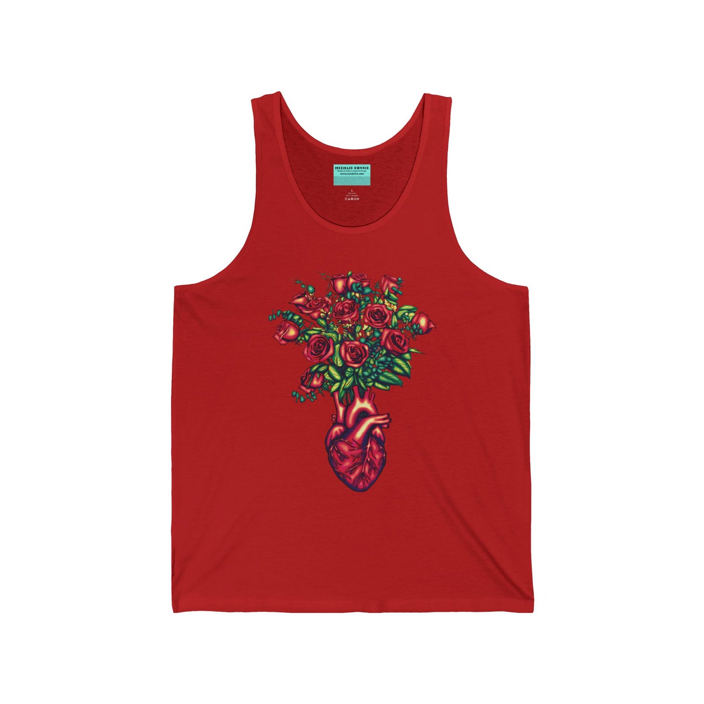 Red unisex tank top featuring an illustration of an anatomical heart used as a vase, with a bouquet of red roses blooming from the top.