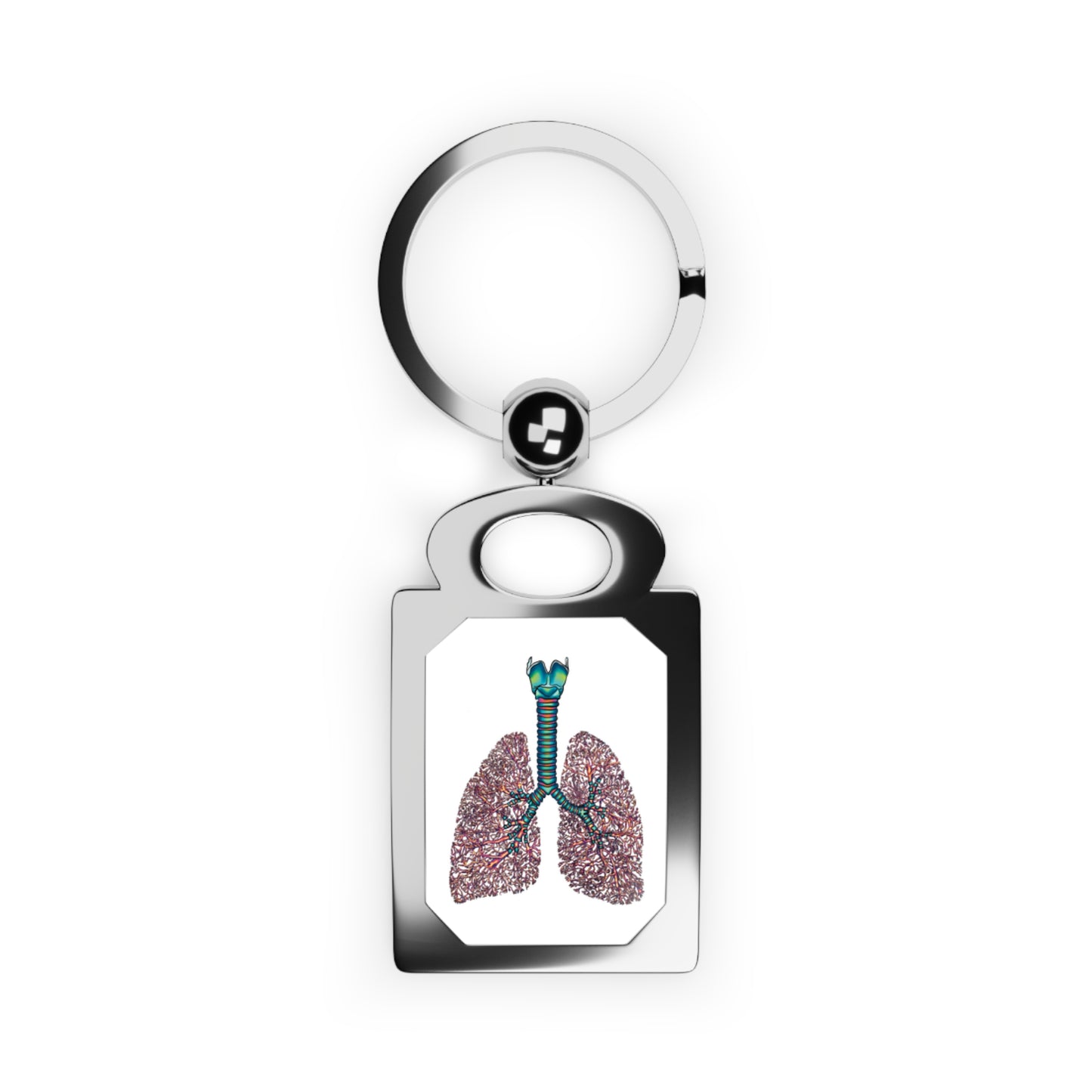 Rectangular silver frame keychain featuring a detailed anatomical drawing of lungs, including the bronchial tree, trachea, and larynx, set against a white background.