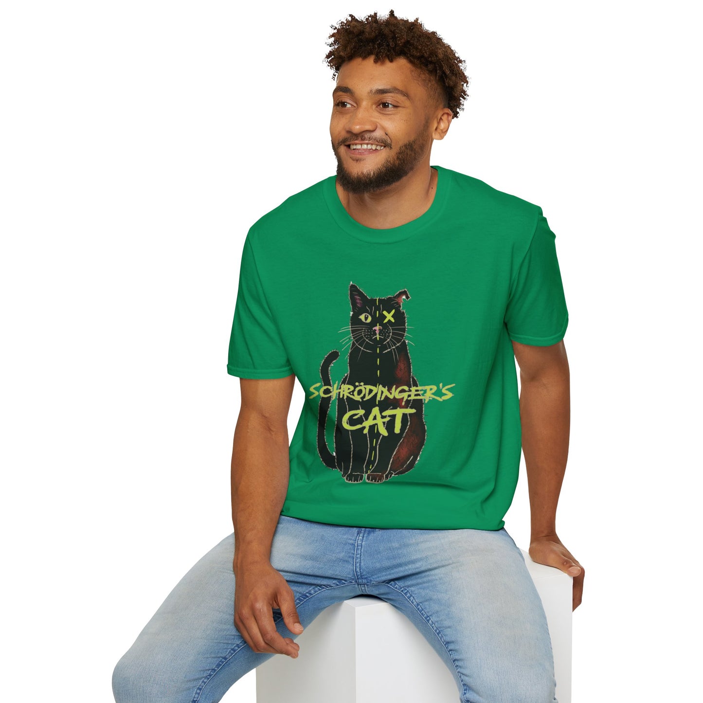 Man wearing a green unisex short-sleeve tee featuring the infamous Schrödinger’s cat—half-alive, half-dead, and fully committed to quantum confusion. The feline paradox lounges proudly beneath the words "Schrödinger's Cat," because science jokes are both alive and kicking and six feet under.