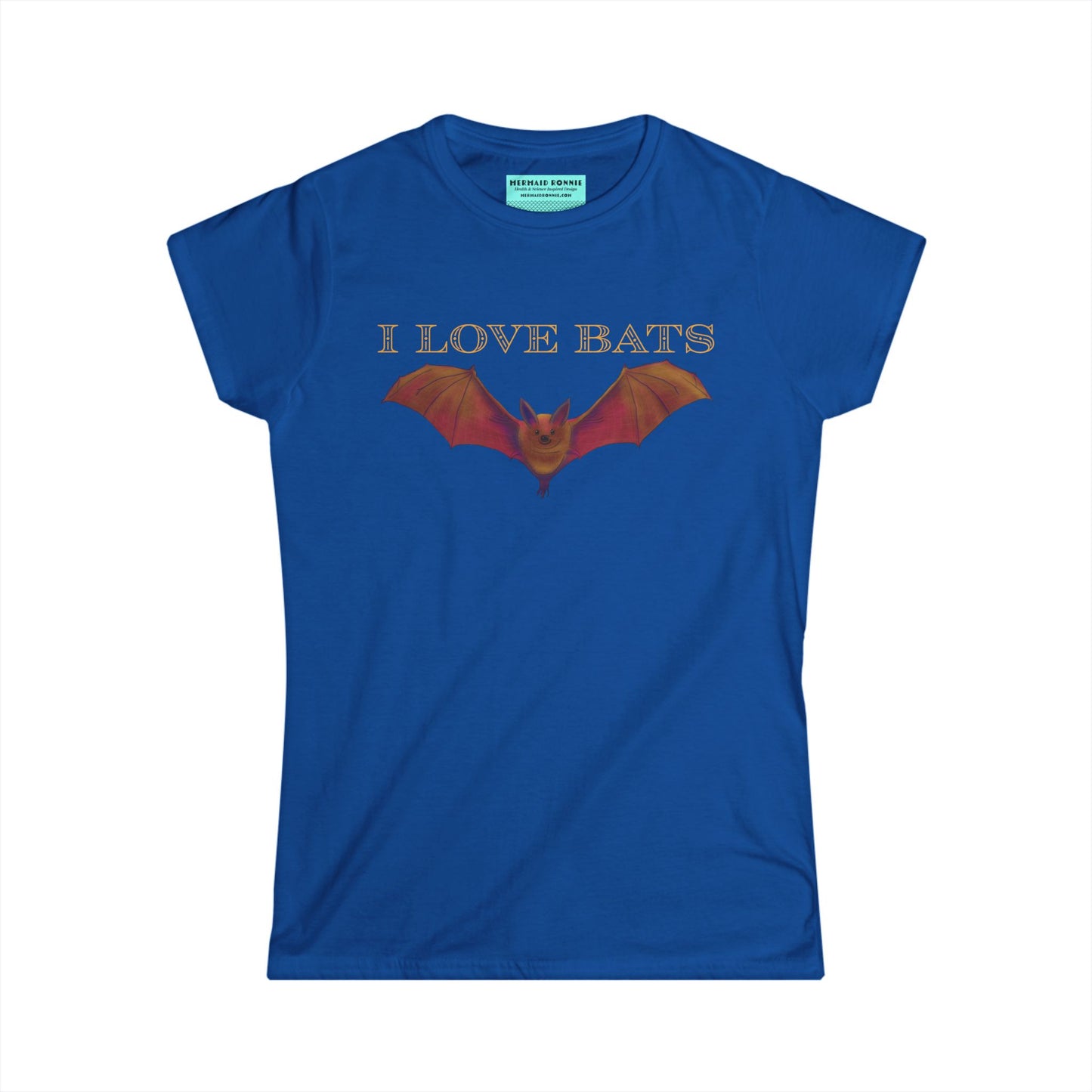 Women’s t-shirt in royal blue featuring a drawing of a brown bat and text that reads 'I love bats.'