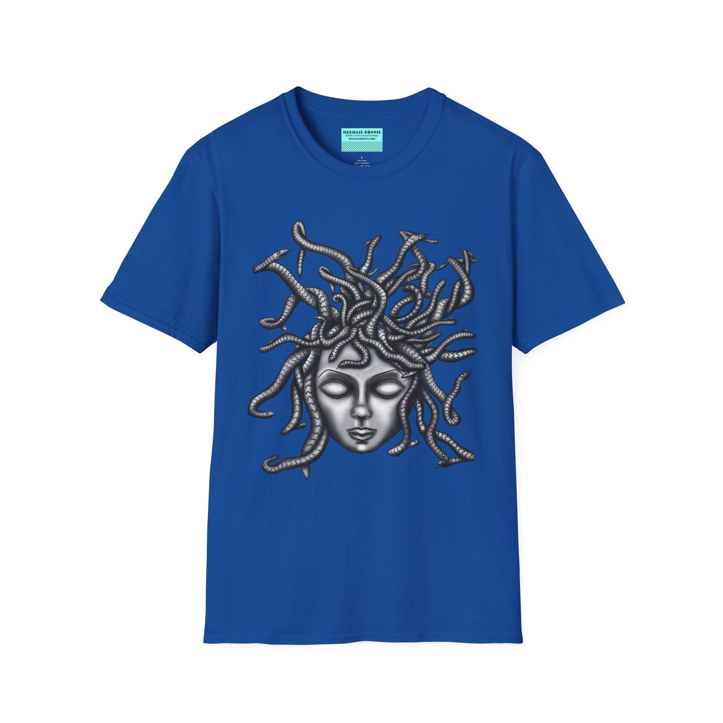 Royal blue t-shirt featuring a grayscale drawing of Medusa.