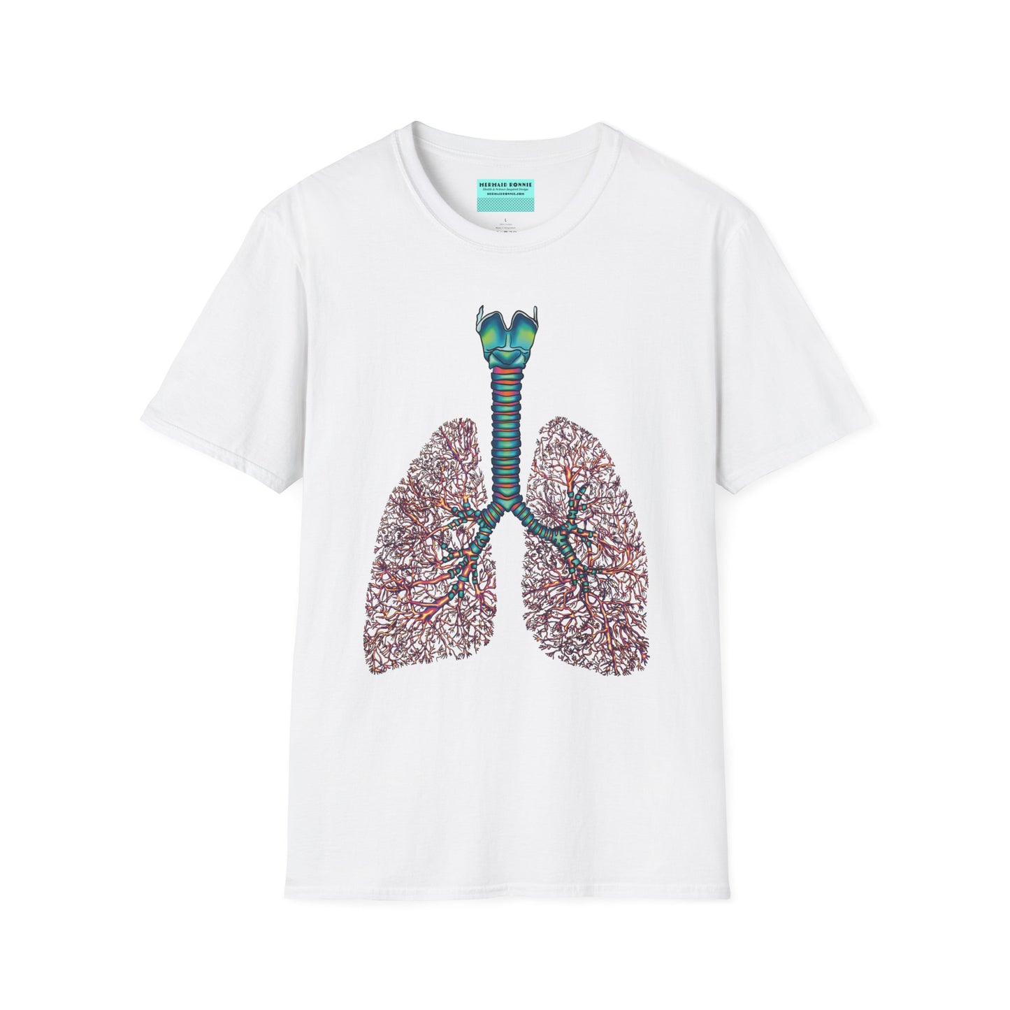 White t-shirt featuring an illustration of anatomical lungs, including the bronchi, trachea, and larynx.
