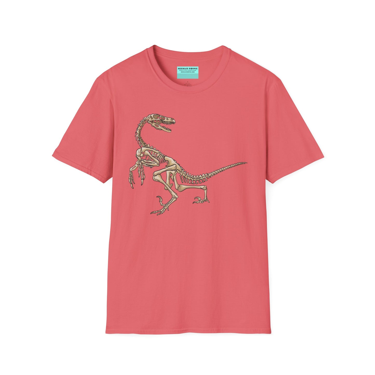 Coral unisex short sleeve t-shirt with a fierce velociraptor skeleton strutting across the chest—because who says extinct can’t be stylish?