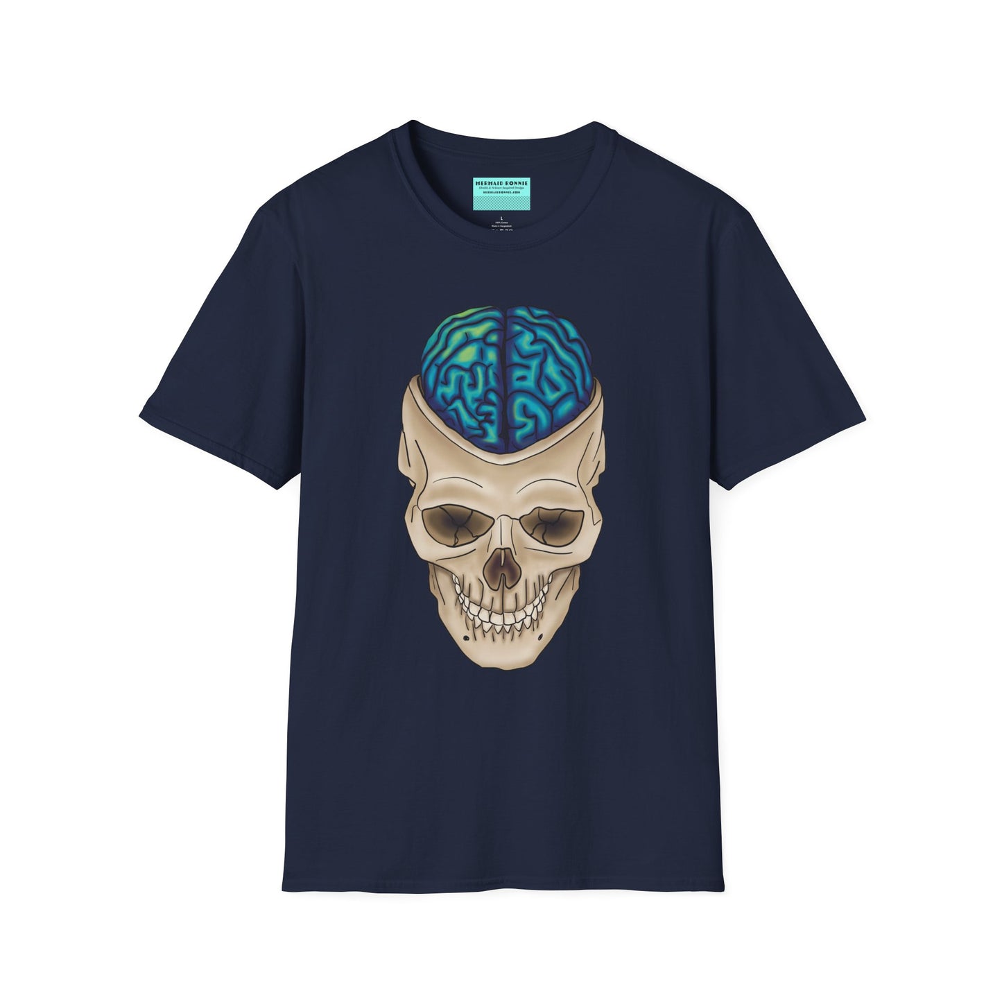 Navy t-shirt featuring a drawing of an anatomical skull, with a brain emerging from the top.