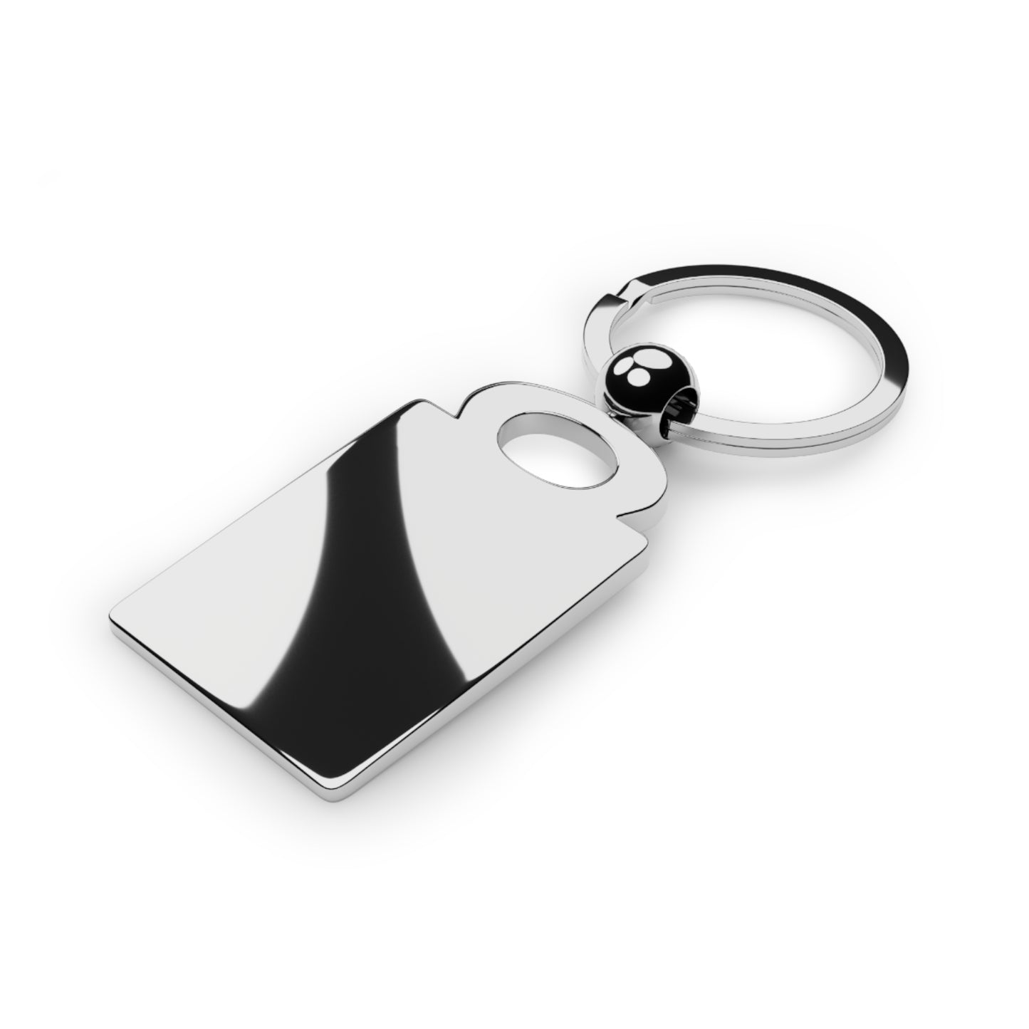 The backside of a silver-color rectangular keychain.