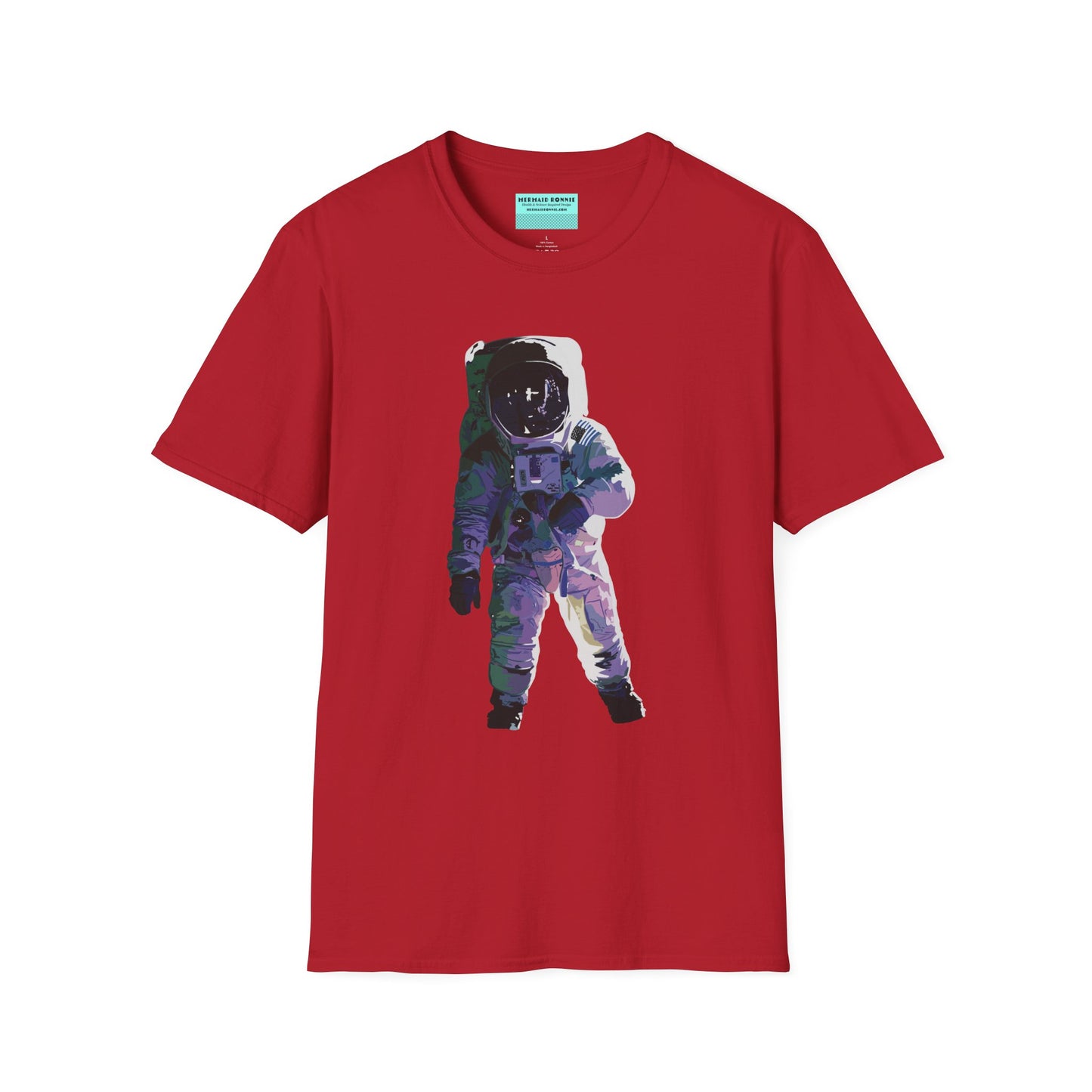 Red t-shirt featuring a drawing of an astronaut in a space suit.