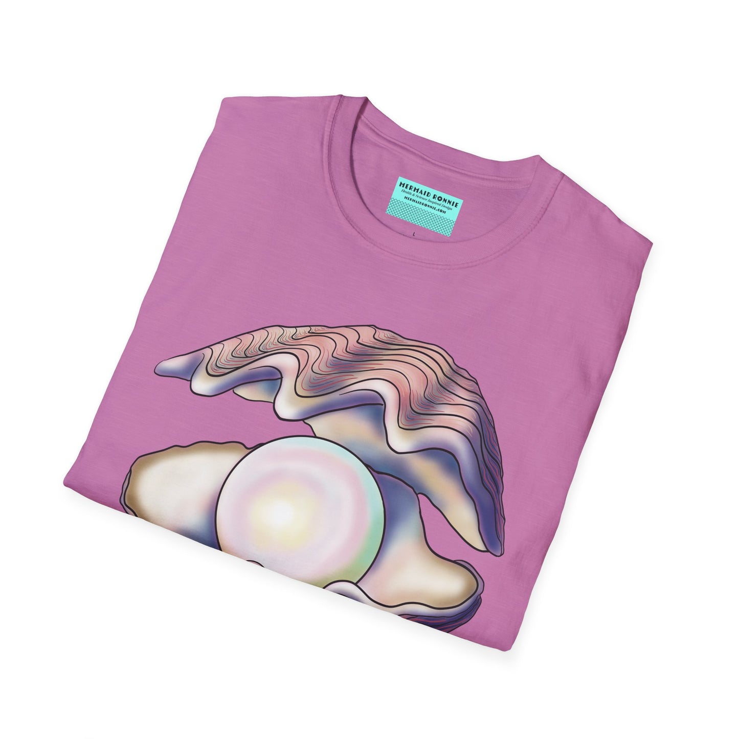 Folded light purple t-shirt featuring an illustration of a large oyster with a luminescent pearl inside.