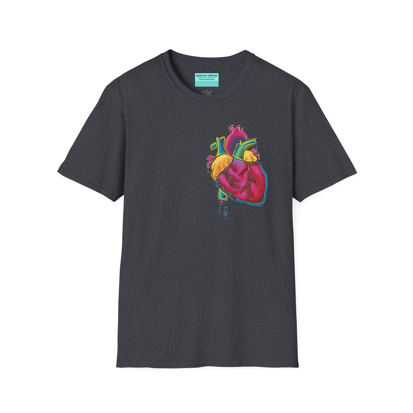 Dark grey unisex short sleeve t-shirt featuring a bold neon anatomical heart front and off-center, complete with dripping blood vessels—because nothing says “wear your heart on your sleeve” like wearing it smack on your chest in highlighter tones.
