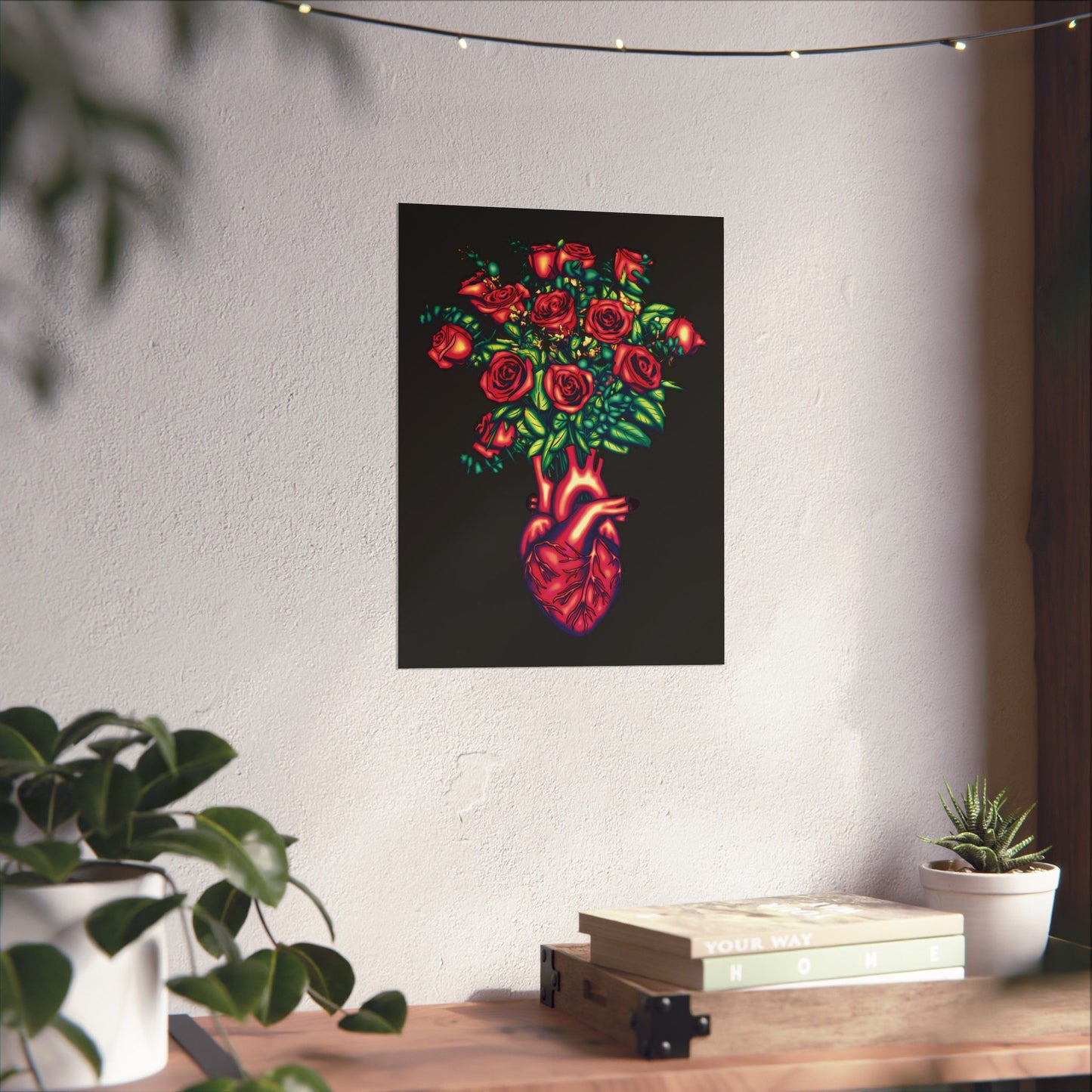 Anatomical Heart with Roses Art Print, Gothic Wall Decor Poster, Black and Red Floral Wall Poster