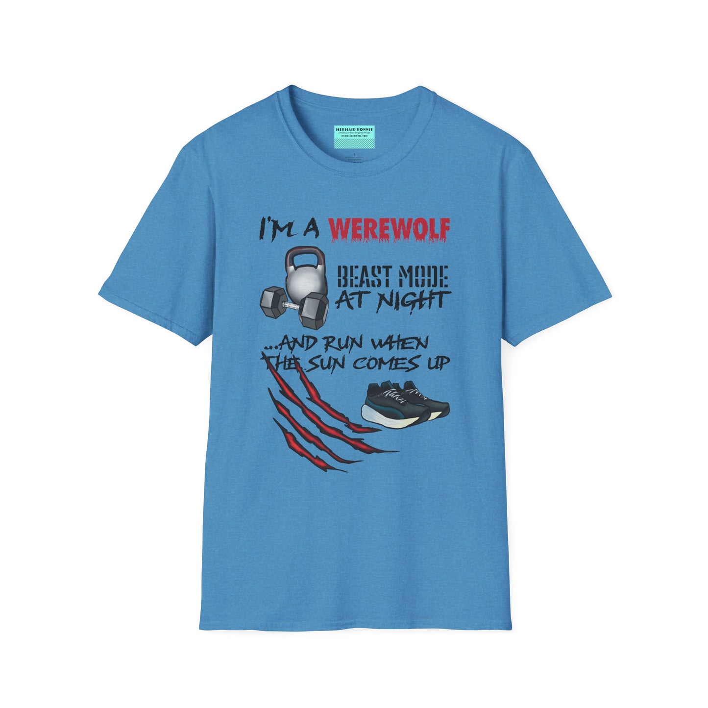 Blue t-shirt featuring illustrations of kettlebells, dumbbells, and running shoes, with the phrase 'I'm a werewolf. Beast mode at night, and run when the sun comes up.'
