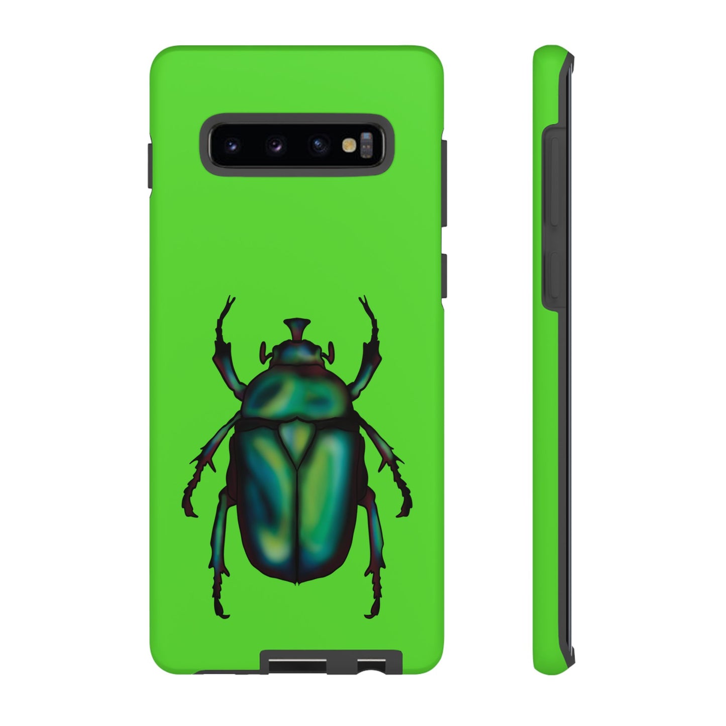 Lime green phone case featuring a dazzling illustration of a green and blue June bug—this iridescent little beetle brings all the shine without the buzz. This picture shows the back and side of the case.