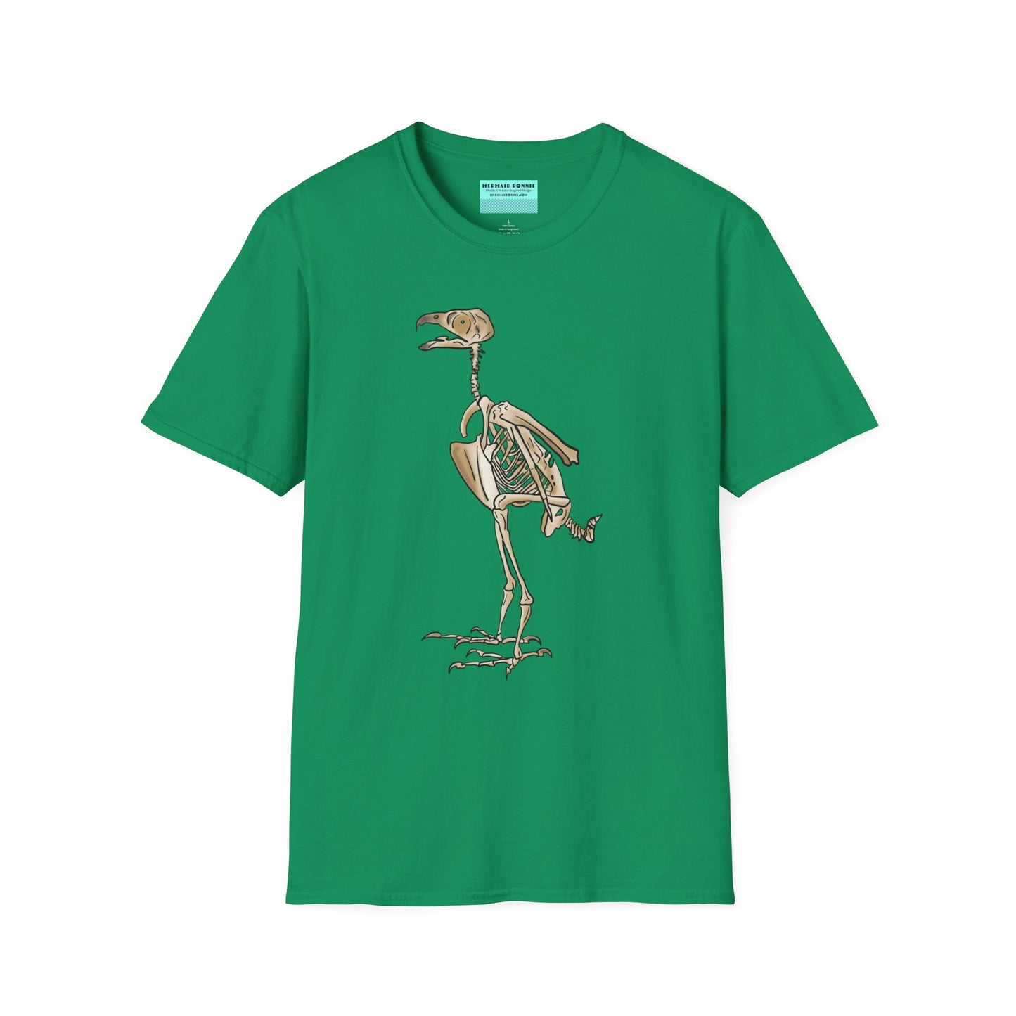 Green unisex short sleeve t-shirt featuring a peregrine falcon skeleton—proof that even the fastest creature on Earth looks cool in x-ray vision.
