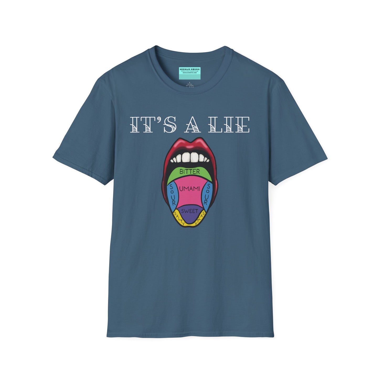 Indigo blue short-sleeve unisex t-shirt featuring a classic tongue taste map with the words “It’s a lie” boldly above it—busting the myth that different parts of your tongue taste different things. Sweet, salty, sour, bitter? Taste buds don’t discriminate!