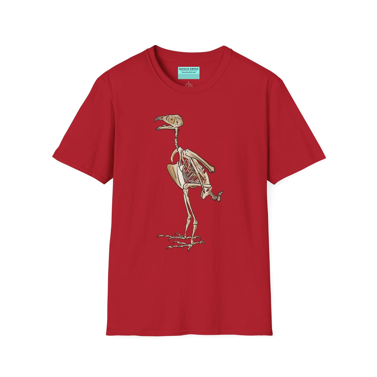 Red unisex short sleeve t-shirt featuring a peregrine falcon skeleton—proof that even the fastest creature on Earth looks cool in x-ray vision.