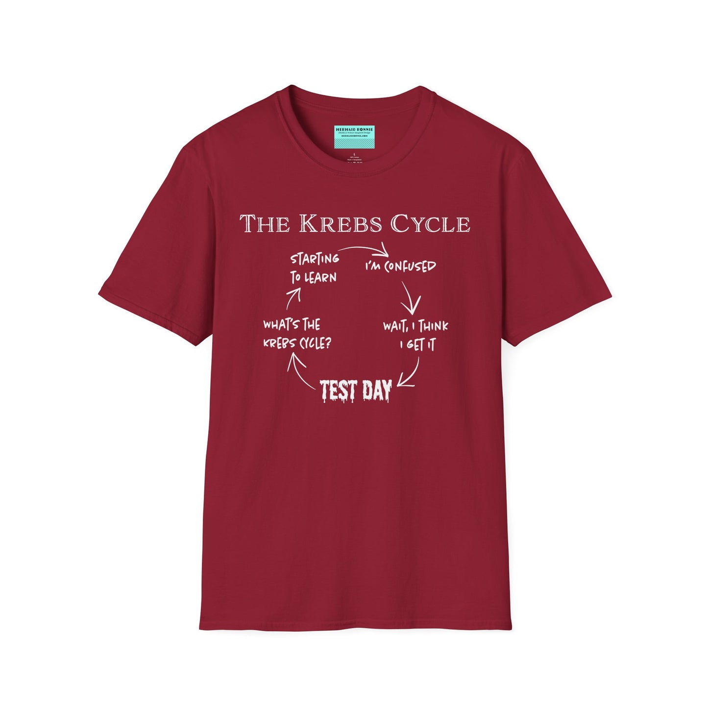 Red short-sleeve unisex t-shirt with the text “The Krebs Cycle” above a circular diagram that pokes fun at how impossible it is to memorize the citric acid cycle—because biochemistry builds character... and tears.