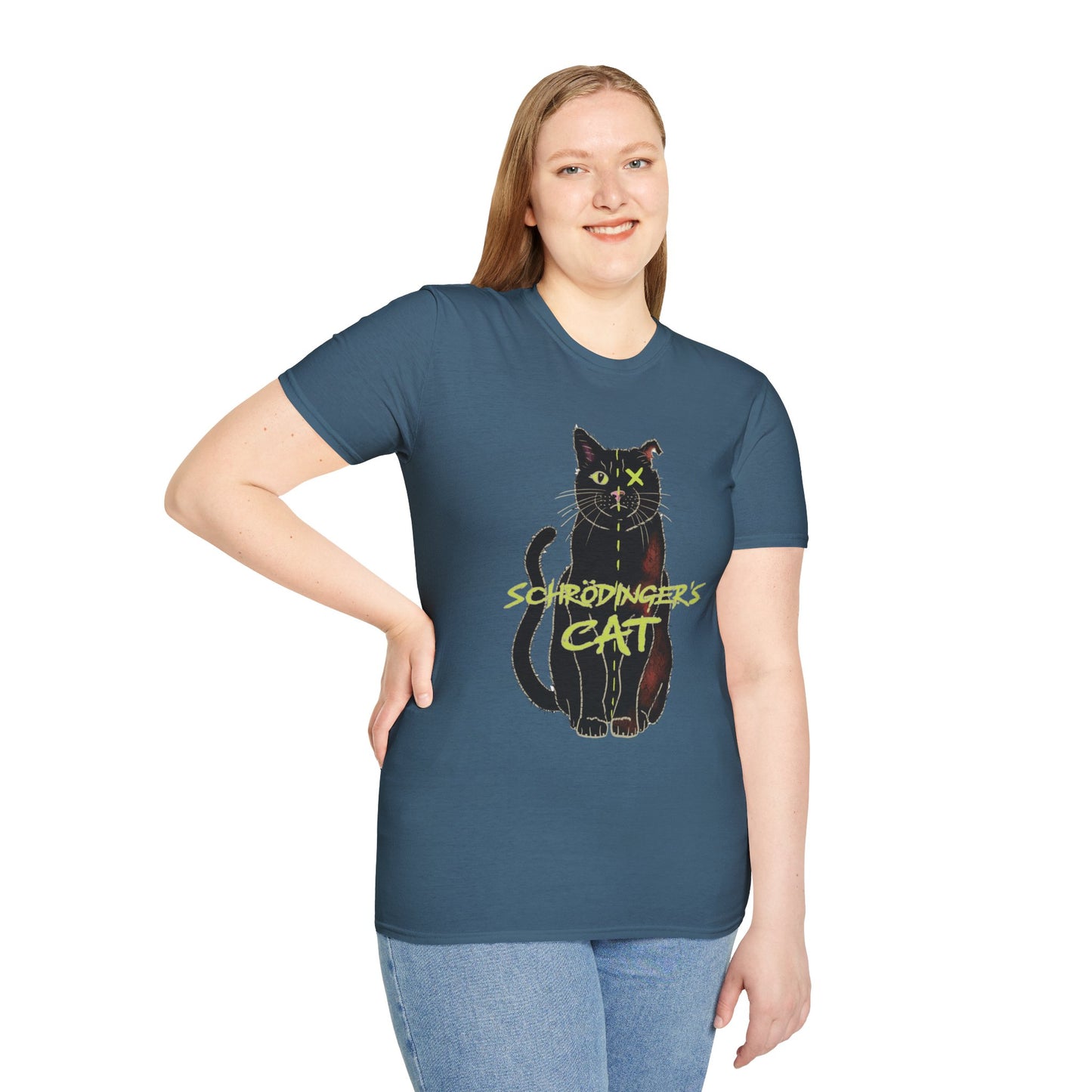 Woman wearing an indigo blue unisex short-sleeve tee featuring the infamous Schrödinger’s cat—half-alive, half-dead, and fully committed to quantum confusion. The feline paradox lounges proudly beneath the words "Schrödinger's Cat," because science jokes are both alive and kicking and six feet under.