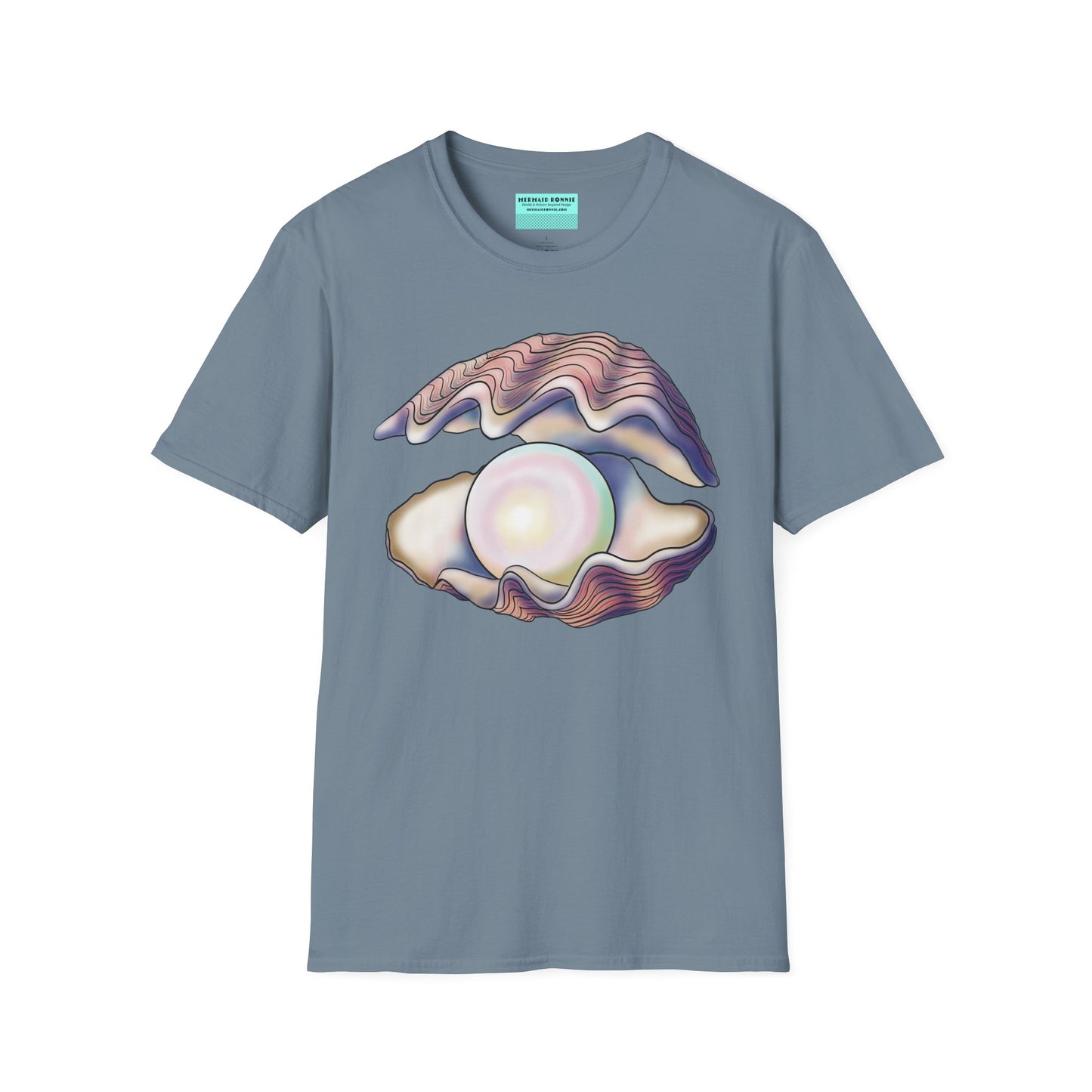 Blue t-shirt featuring an illustration of a large oyster with a luminescent pearl inside.