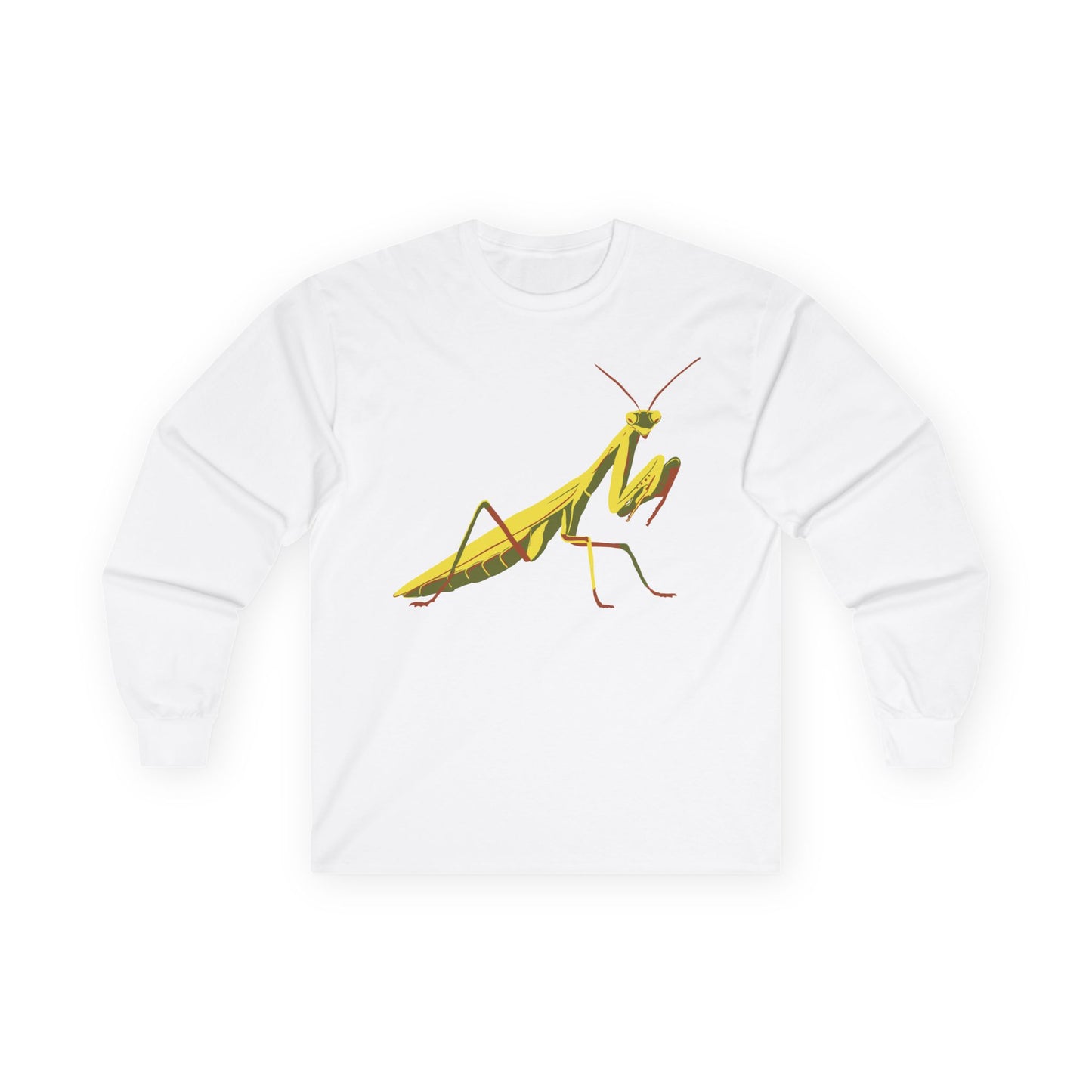 Long sleeve unisex white shirt featuring an illustration of a yellow and green praying mantis insect on the front.