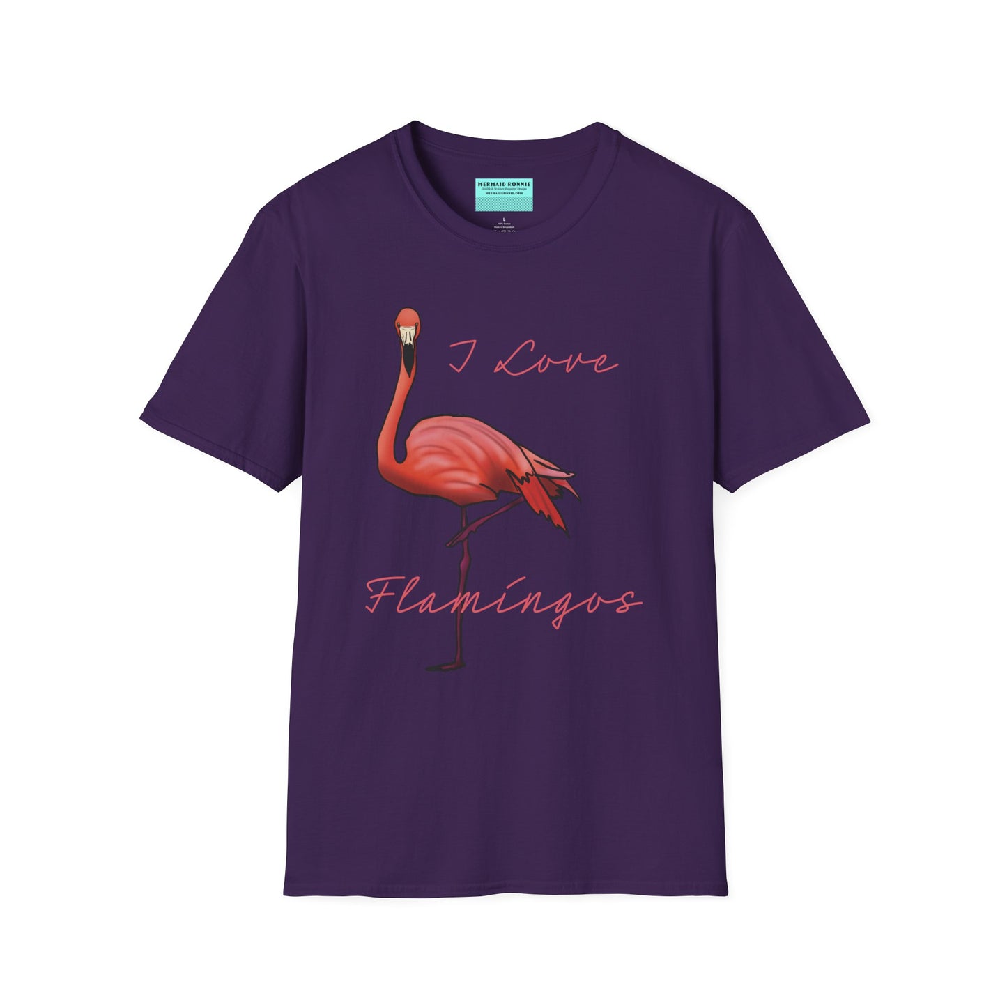 Dark purple unisex short-sleeve tee with a fabulously pink flamingo strutting its stuff and the words “I love flamingos” — for anyone whose spirit animal stands on one leg.