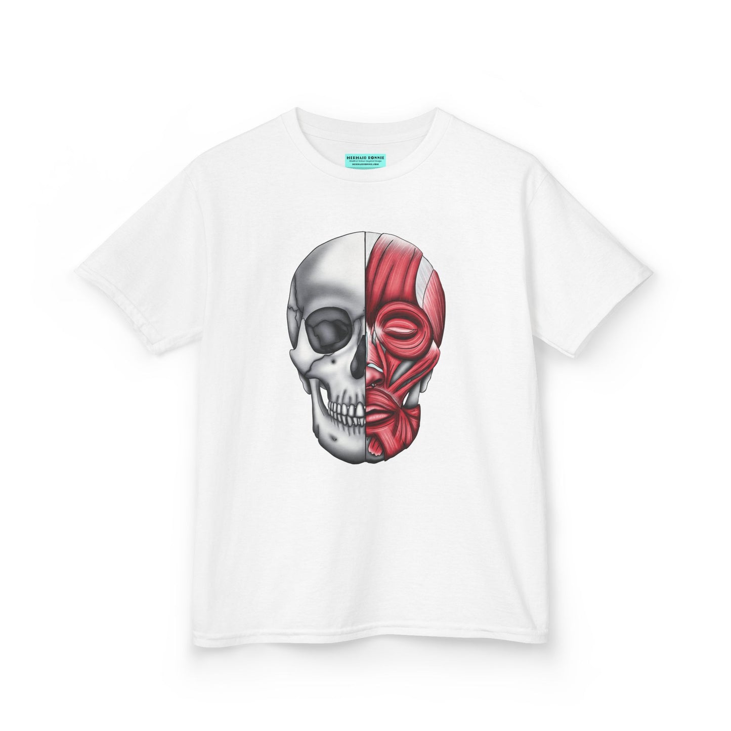Kids' t-shirt in white featuring an anatomical drawing of a human skull, with facial muscles illustrated on one half of the skull.