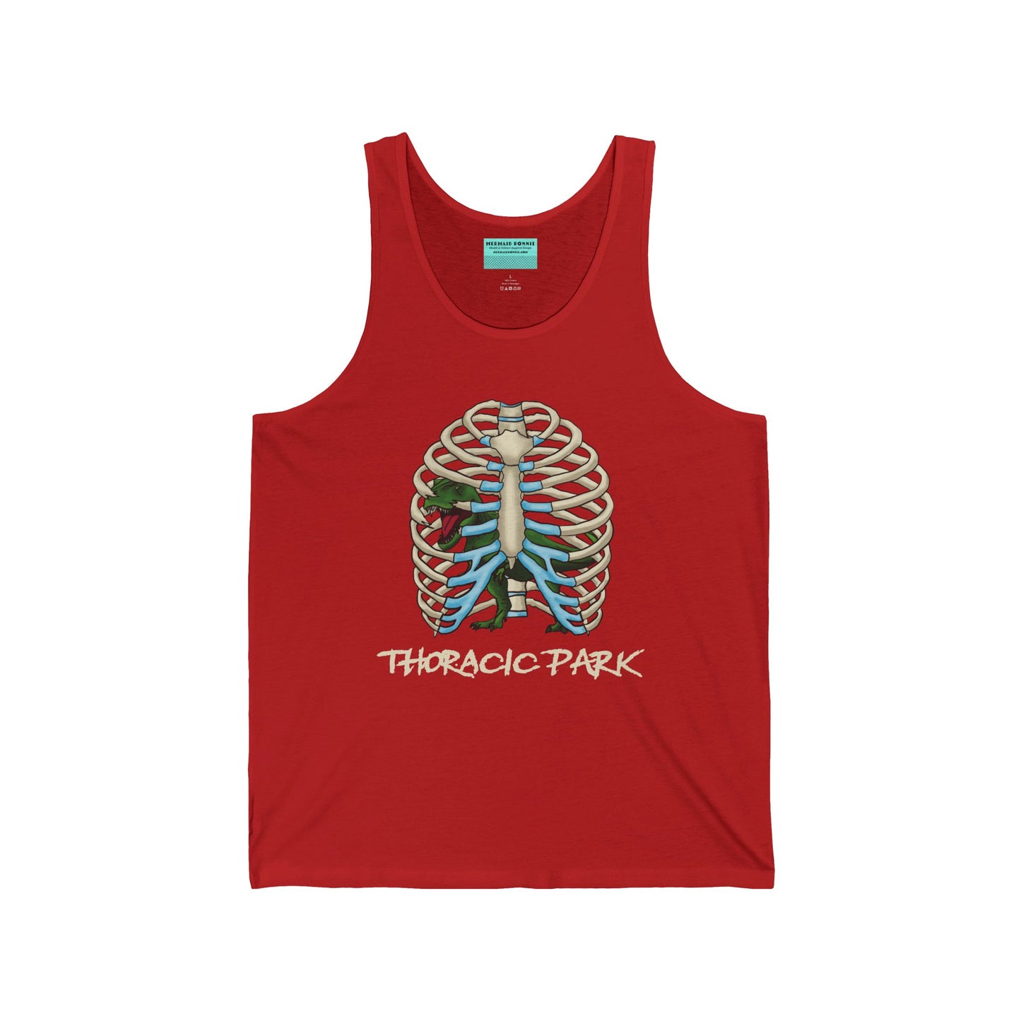 A red unisex tank top featuring a ribcage with a T-Rex inside, and the punny text "Thoracic Park"—perfect for fans of both dino-sized humor and anatomy!
