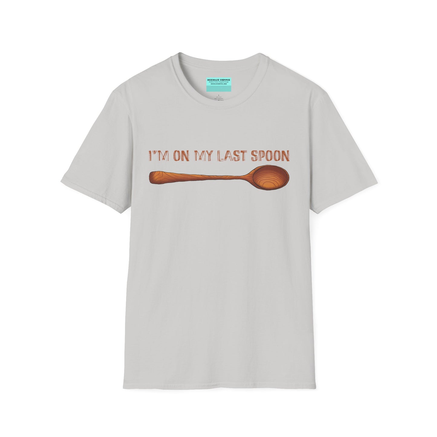 Grey t-shirt with an illustration of a wooden spoon and the phrase 'I'm on my last spoon' printed on the front.