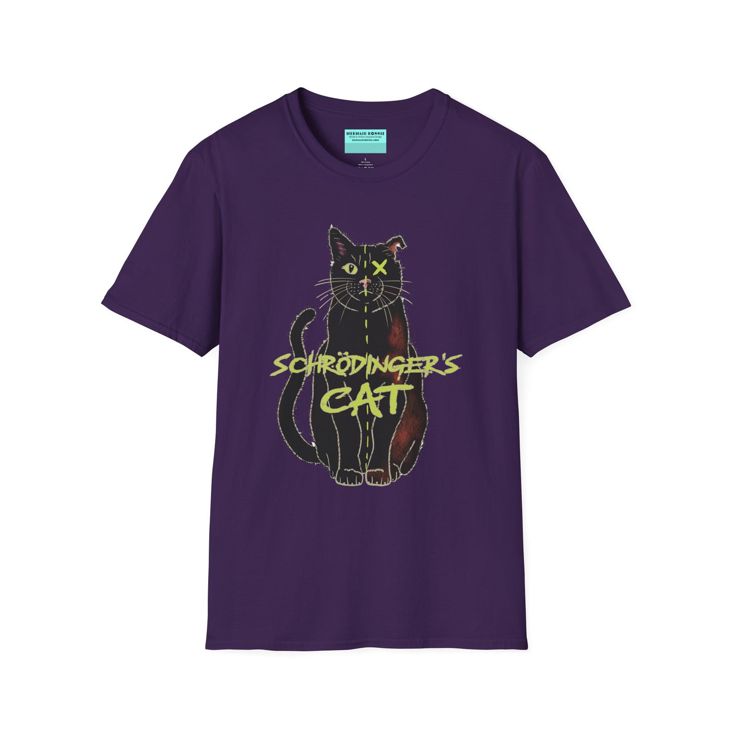 Purple unisex short-sleeve tee featuring the infamous Schrödinger’s cat—half-alive, half-dead, and fully committed to quantum confusion. The feline paradox lounges proudly beneath the words "Schrödinger's Cat," because science jokes are both alive and kicking and six feet under.