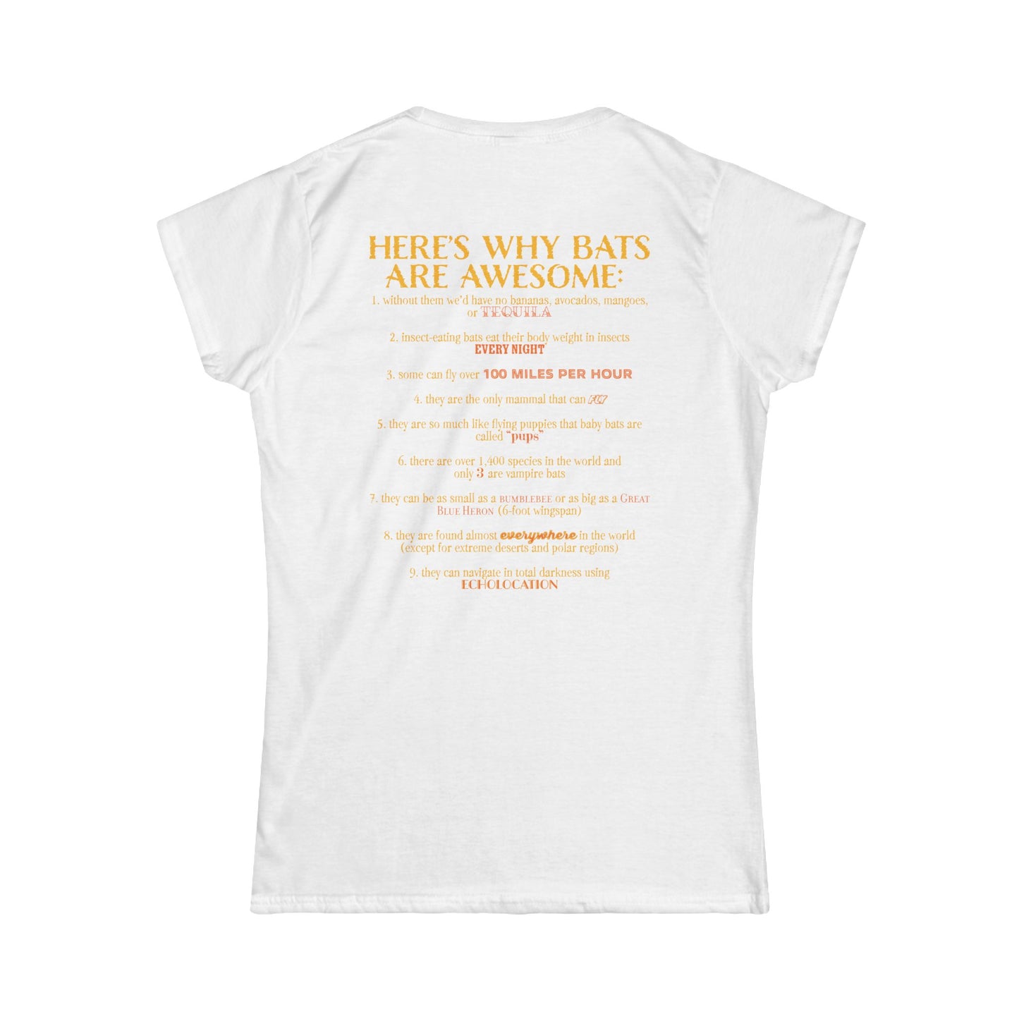 Back of a women’s t-shirt in white, with the heading 'Here’s why bats are awesome' followed by a list of nine bat facts printed beneath it.