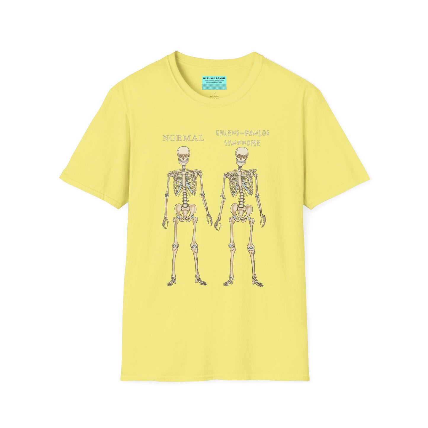 Yellow unisex short sleeve t-shirt featuring two skeletons side by side—one labeled "normal," the other "Ehlers-Danlos Syndrome"—because connective tissue disorders deserve more visibility (and maybe a sense of humor, too).