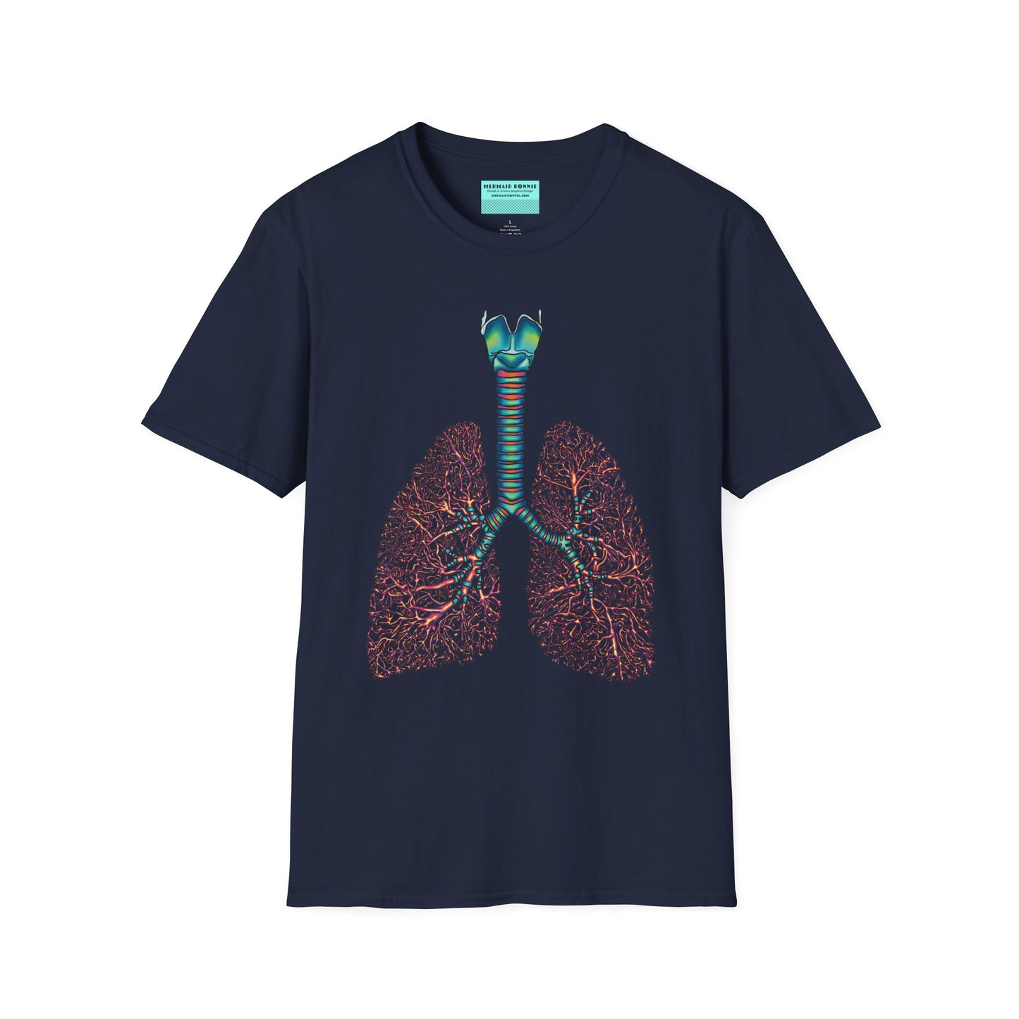 Navy t-shirt featuring an illustration of anatomical lungs, including the bronchi, trachea, and larynx.